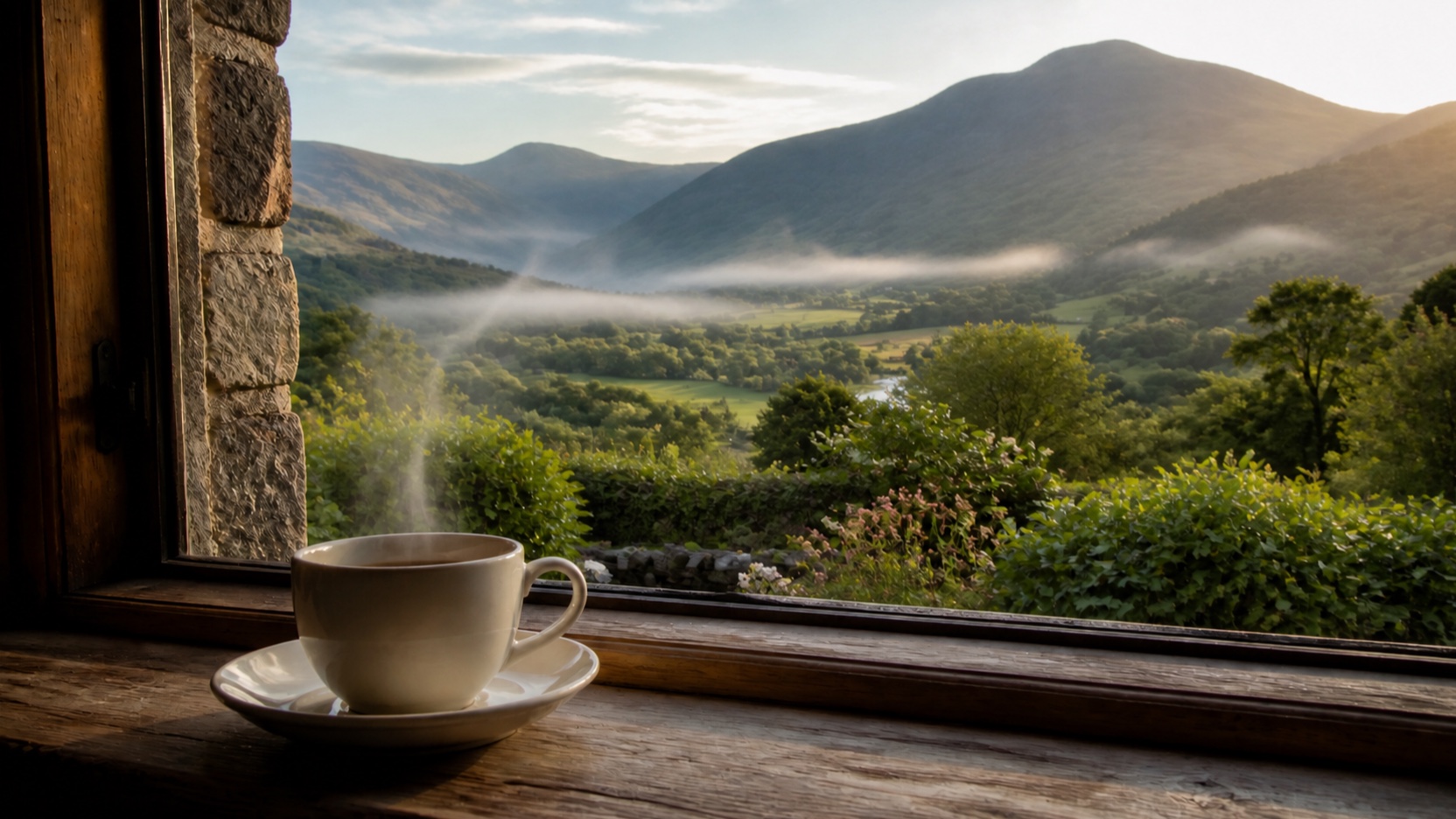 AI-generated indicative scene of the cup’s steam aligning with two ribbons of mist in the valley