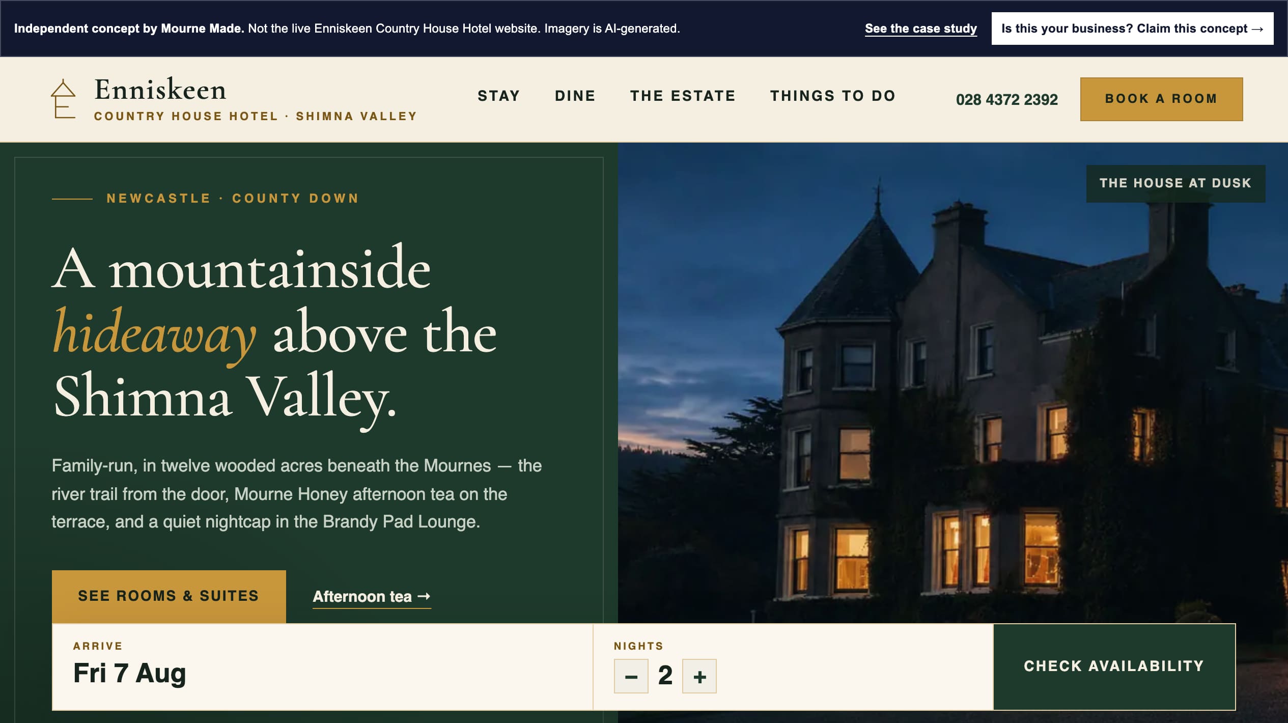 Mourne Made concept opening on the valley view from a balcony room, with the hideaway headline and an availability bar