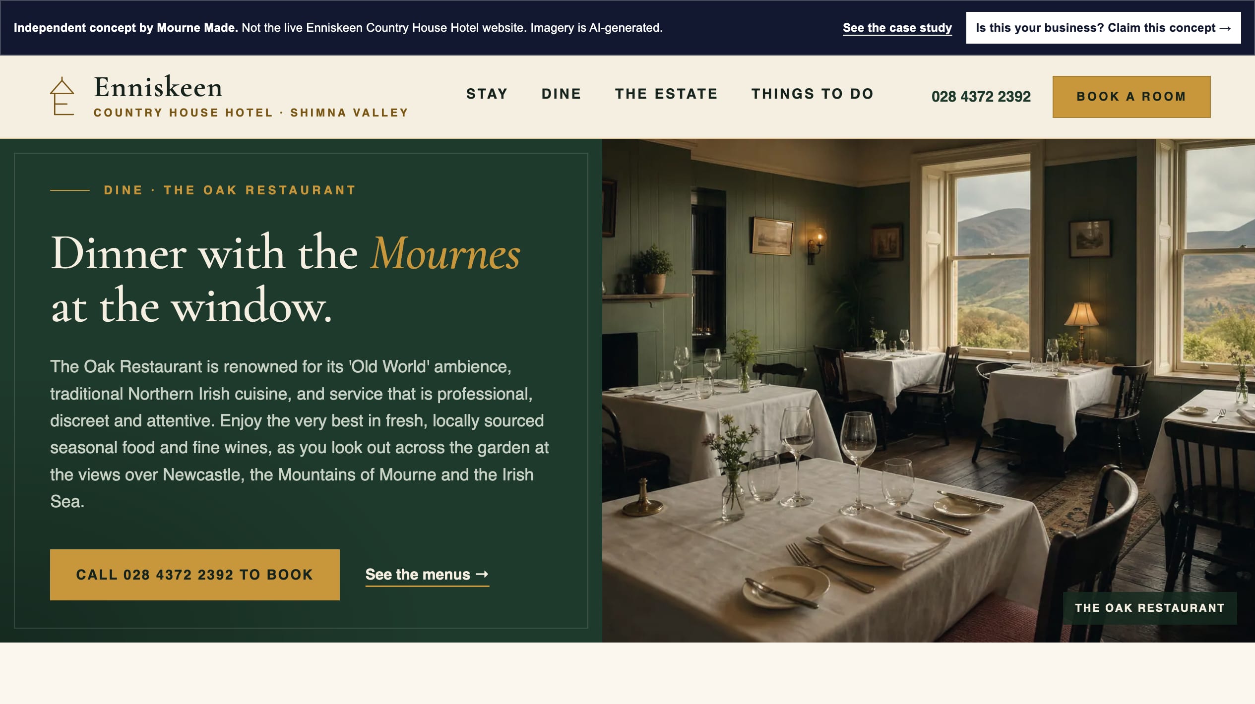 The Enniskeen Dine concept page showing the Oak Restaurant beside a mountain-window photograph, with a call-to-book action and on-page menus