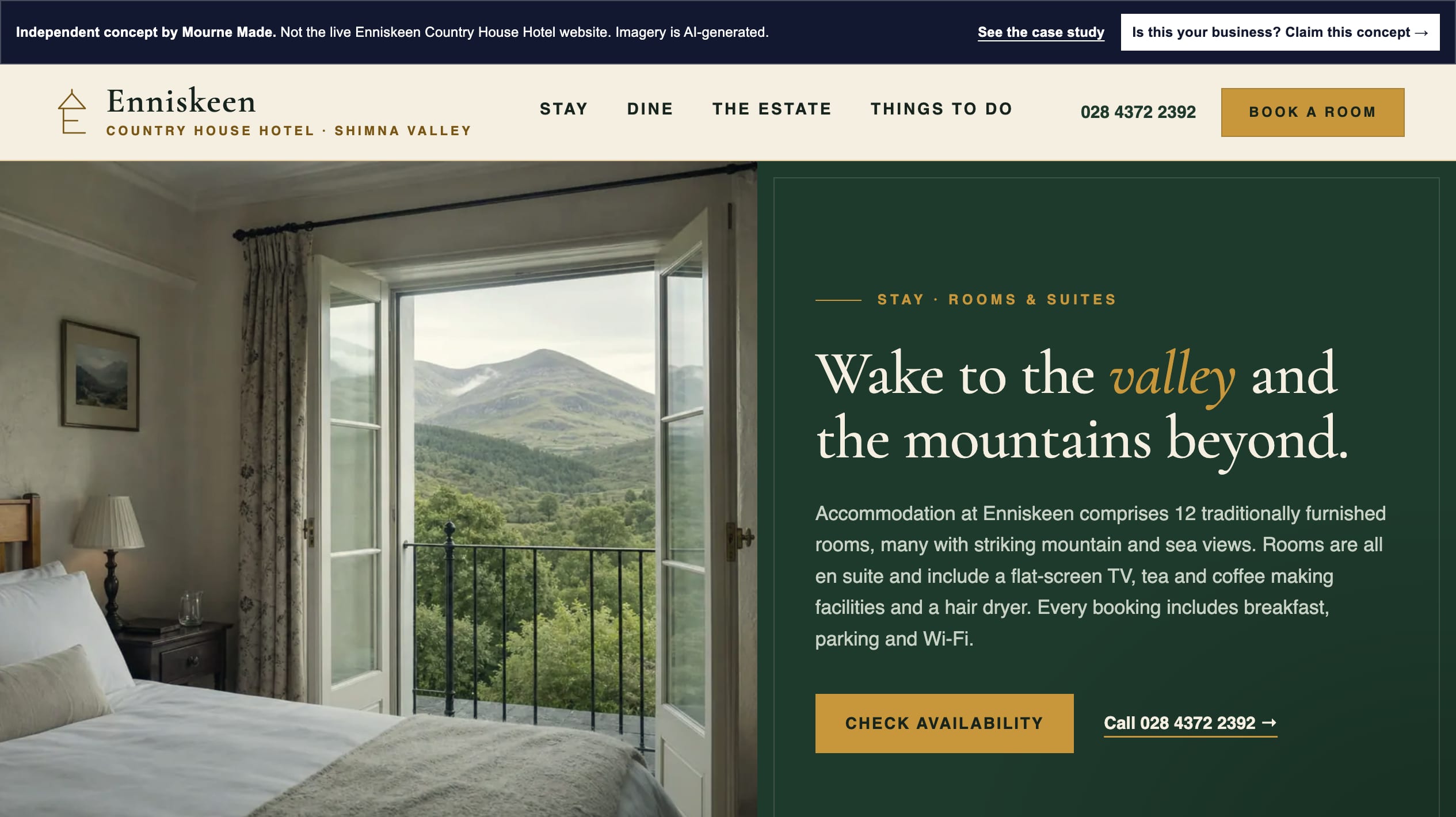 The Enniskeen rooms concept page showing the balcony room hero, room type cards and an availability bar