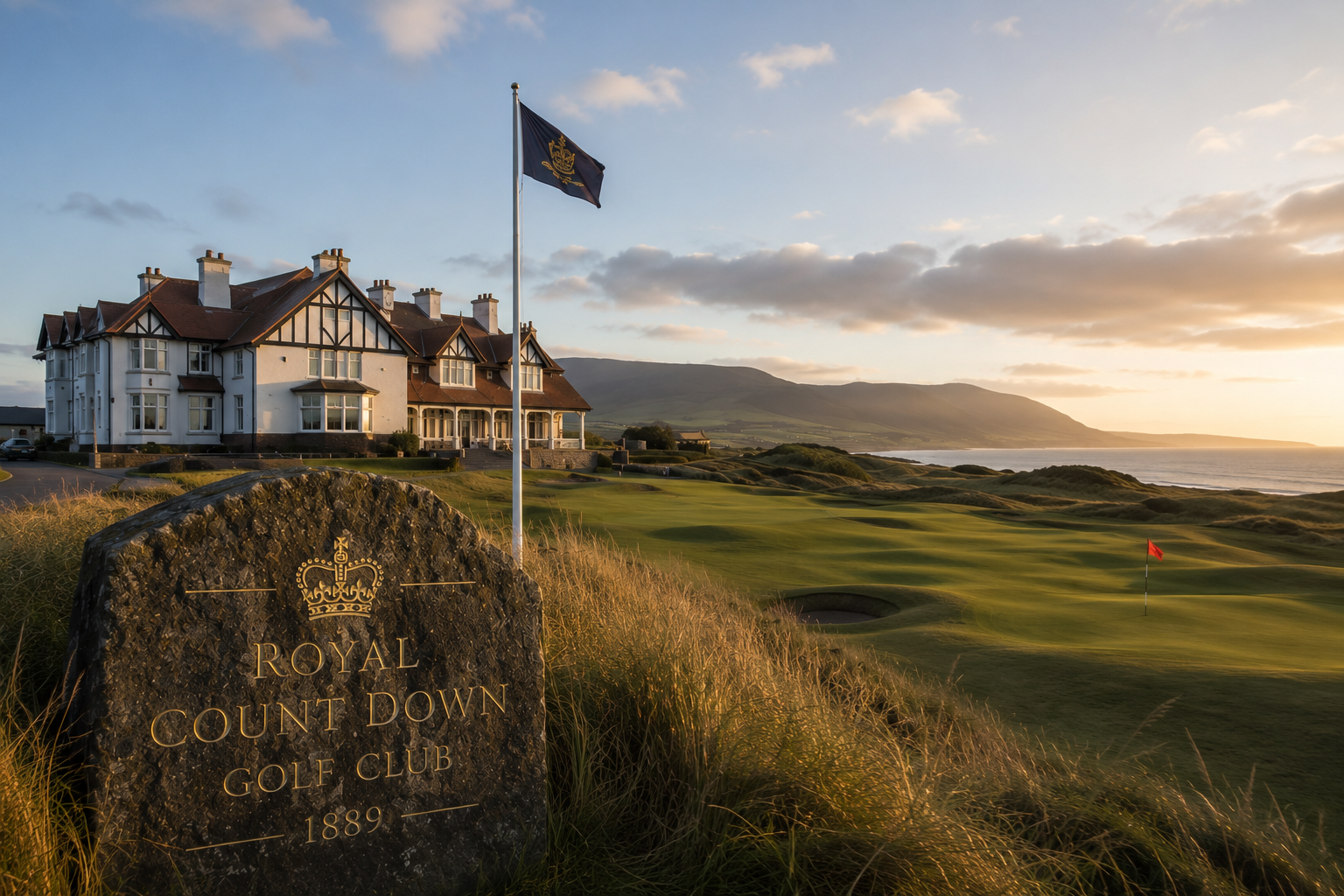 Royal County Down Golf Club — the 1889 stone marker beside the clubhouse, links fairways and the Mournes at golden hour
