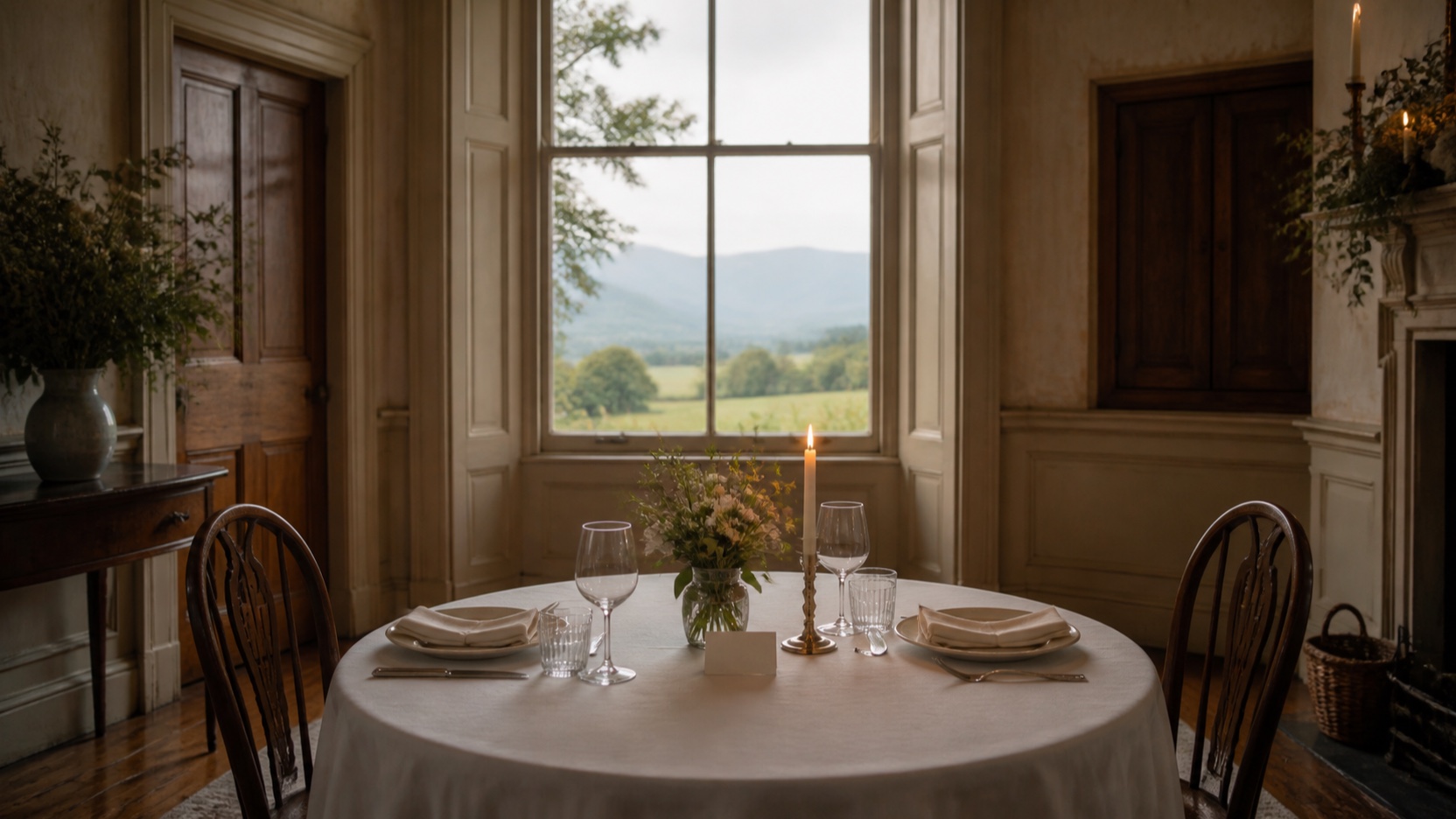 AI-generated historic dining room prepared with two places, a candle and a blank date card