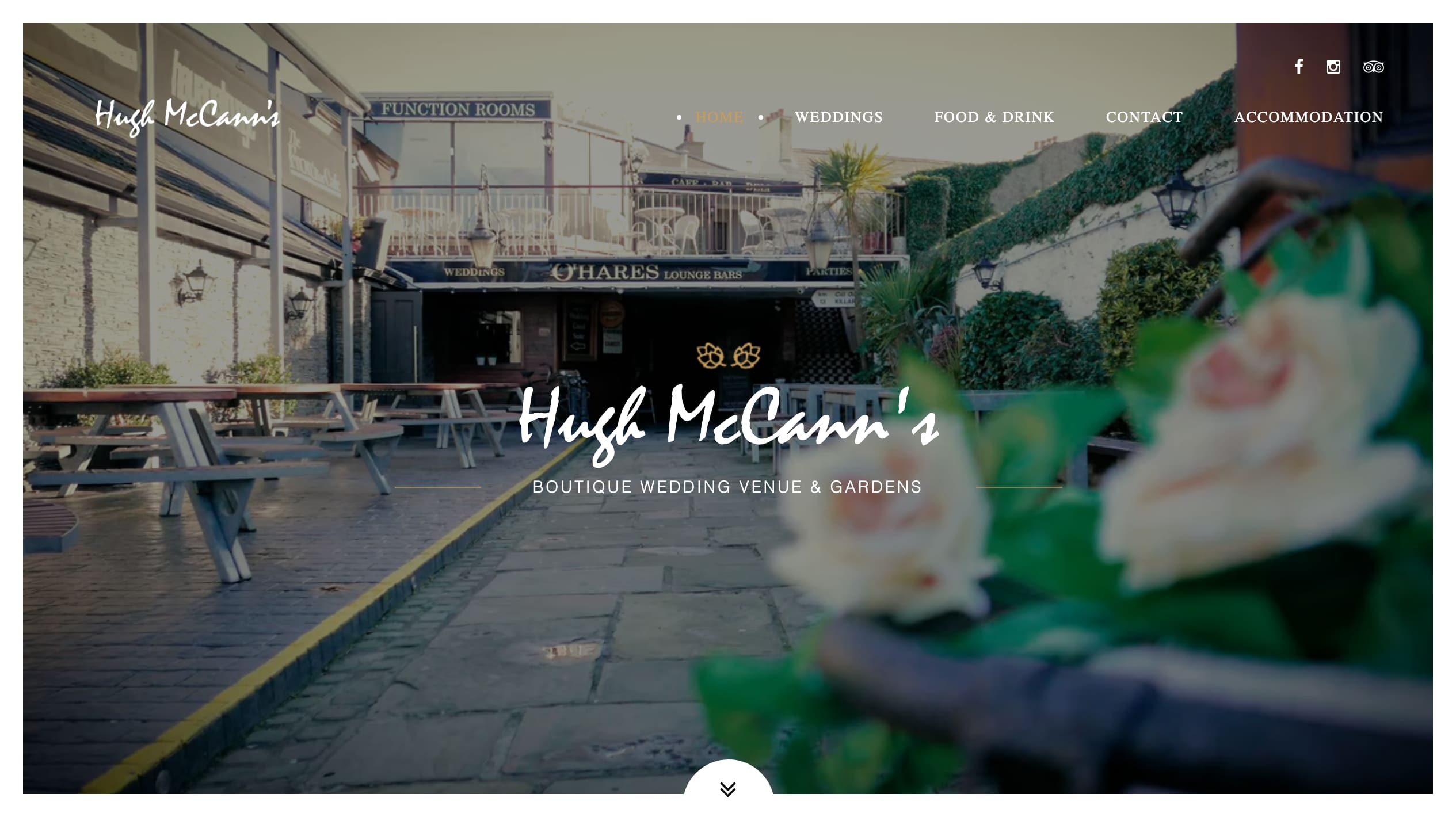 Hugh McCann's current homepage: the Boutique Wedding Venue & Gardens site, well photographed and maintained, with no enquiry form or date capture anywhere