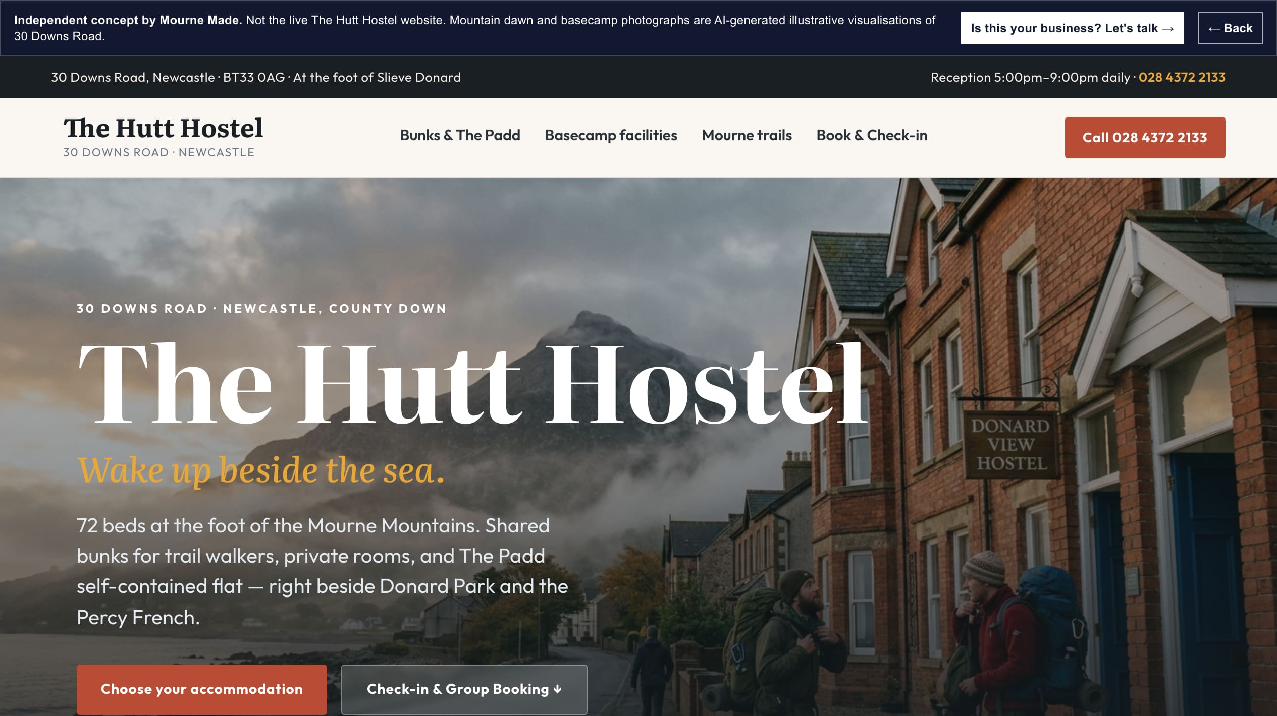Mourne Made concept opening screen for The Hutt Hostel, captured from the local concept route