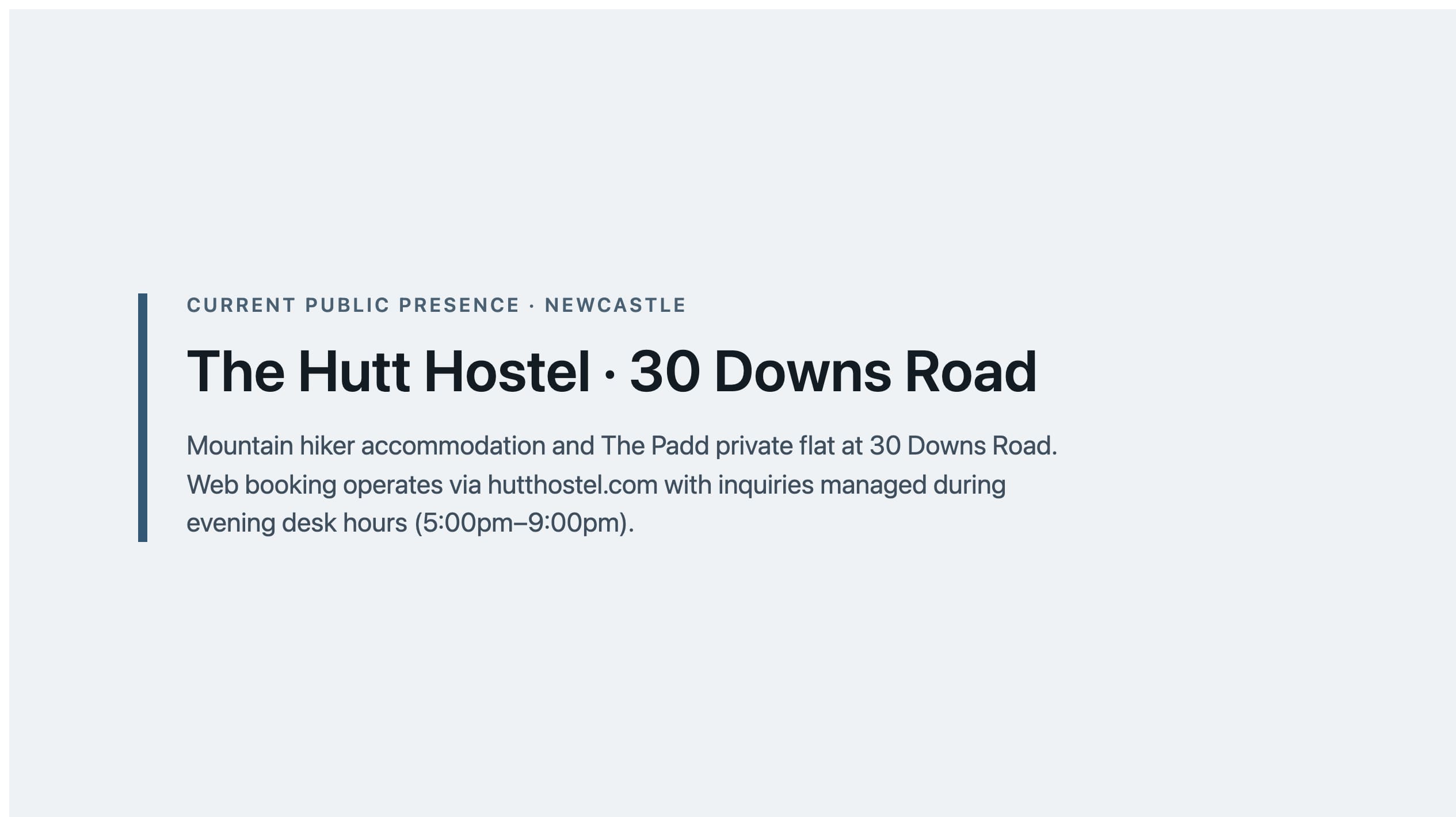 Labelled placeholder for The Hutt Hostel's current public presence (hutthostel.com and booking listings) — not a live-site screenshot; a matched capture was not filed for the 27 August 2026 publish