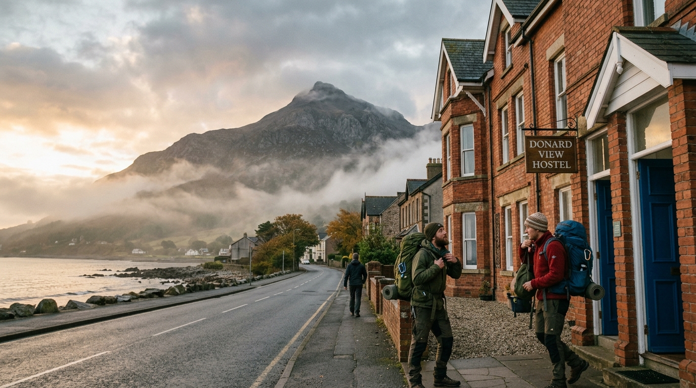 AI-generated illustrative view of hikers outside The Hutt Hostel on Downs Road with Slieve Donard in morning mist