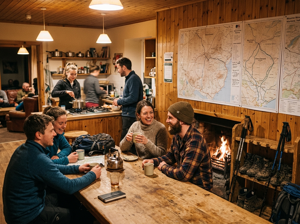 AI-generated illustrative scene of hikers in The Hutt Hostel common room around the hearth