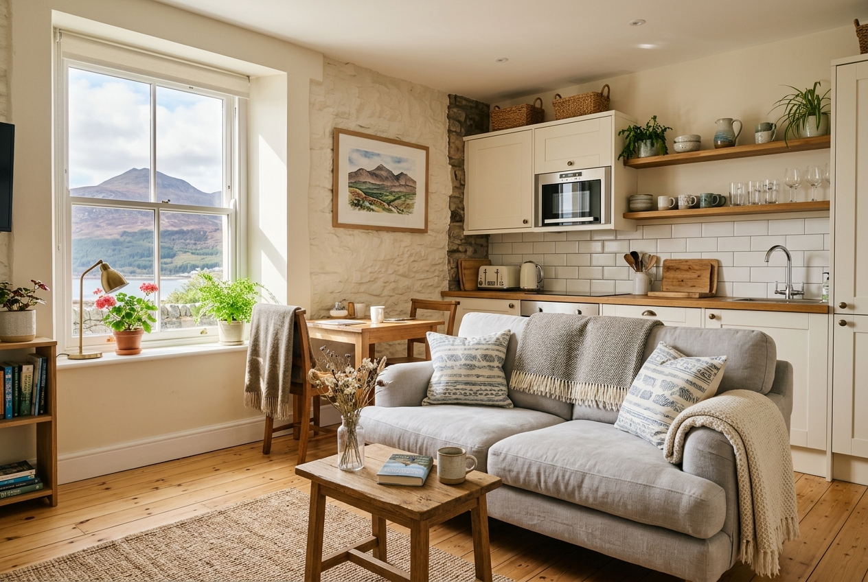 AI-generated illustrative interior of The Padd private holiday flat with mountain views