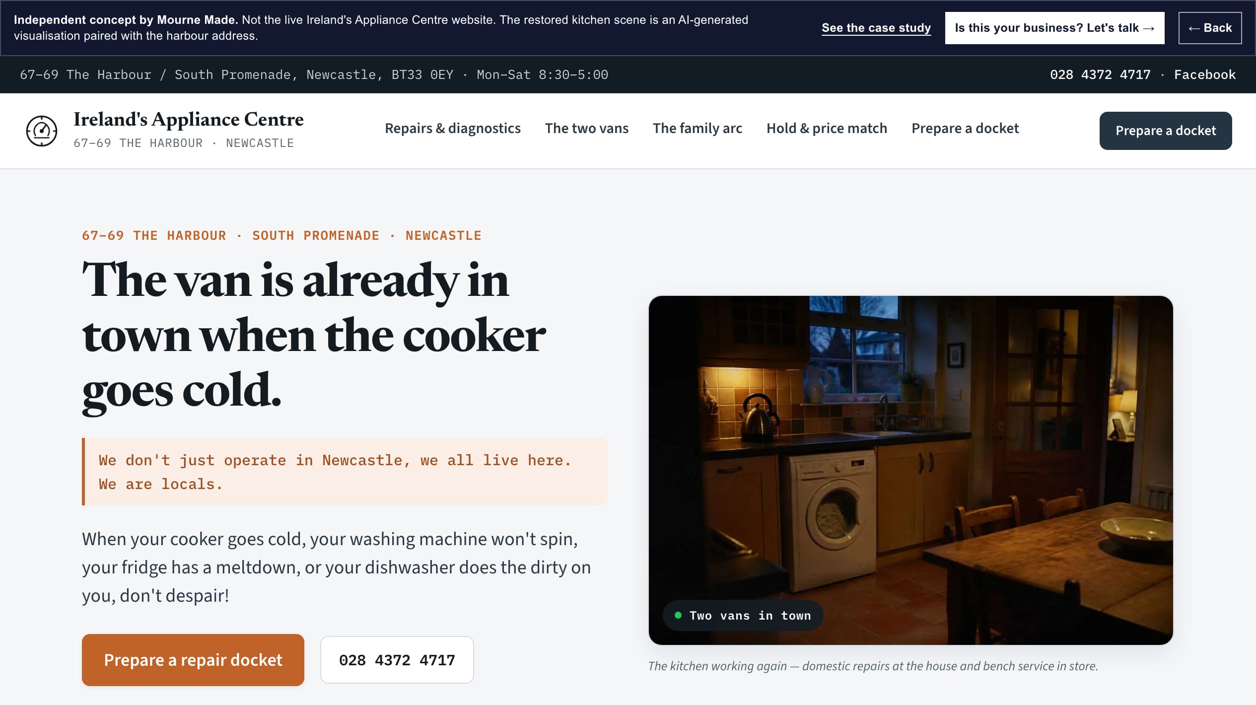 Mourne Made concept opening screen for Ireland's Appliance Centre, captured from the local concept route