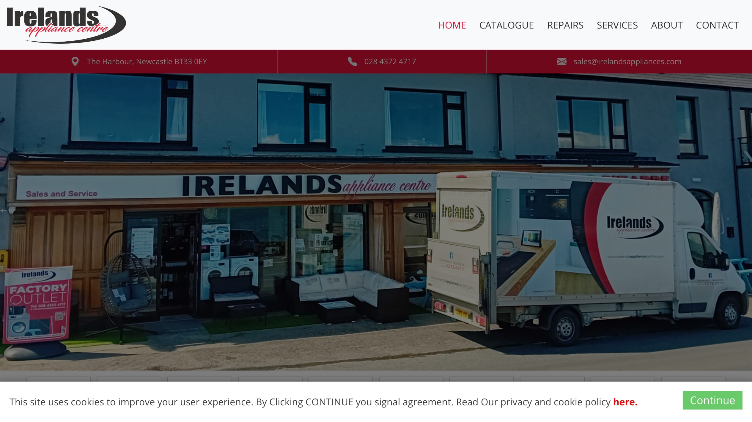 Labelled placeholder for Ireland's Appliance Centre's current public presence (irelandsappliances.com and the public Facebook page) — not a live-site screenshot; a matched capture was not filed for the 23 August 2026 publish
