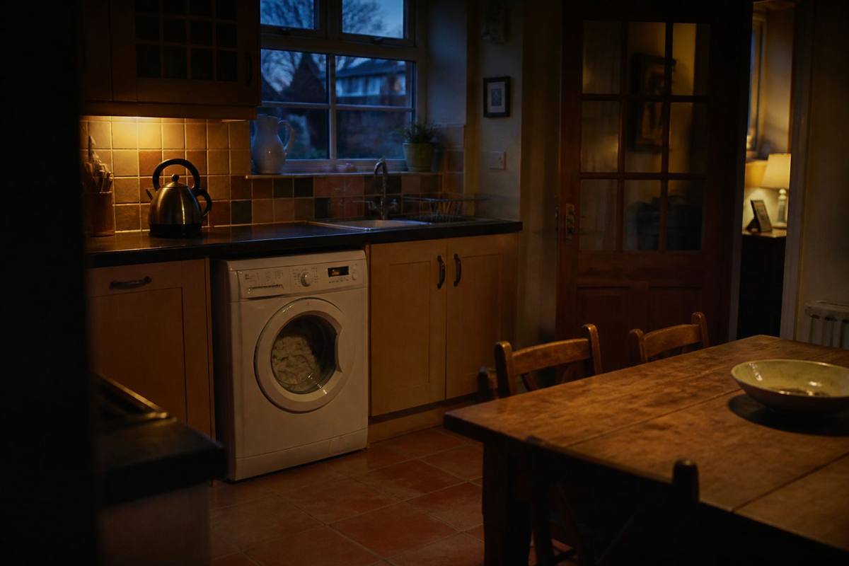 AI-generated scene of a restored kitchen at evening with warm appliance light and working machines