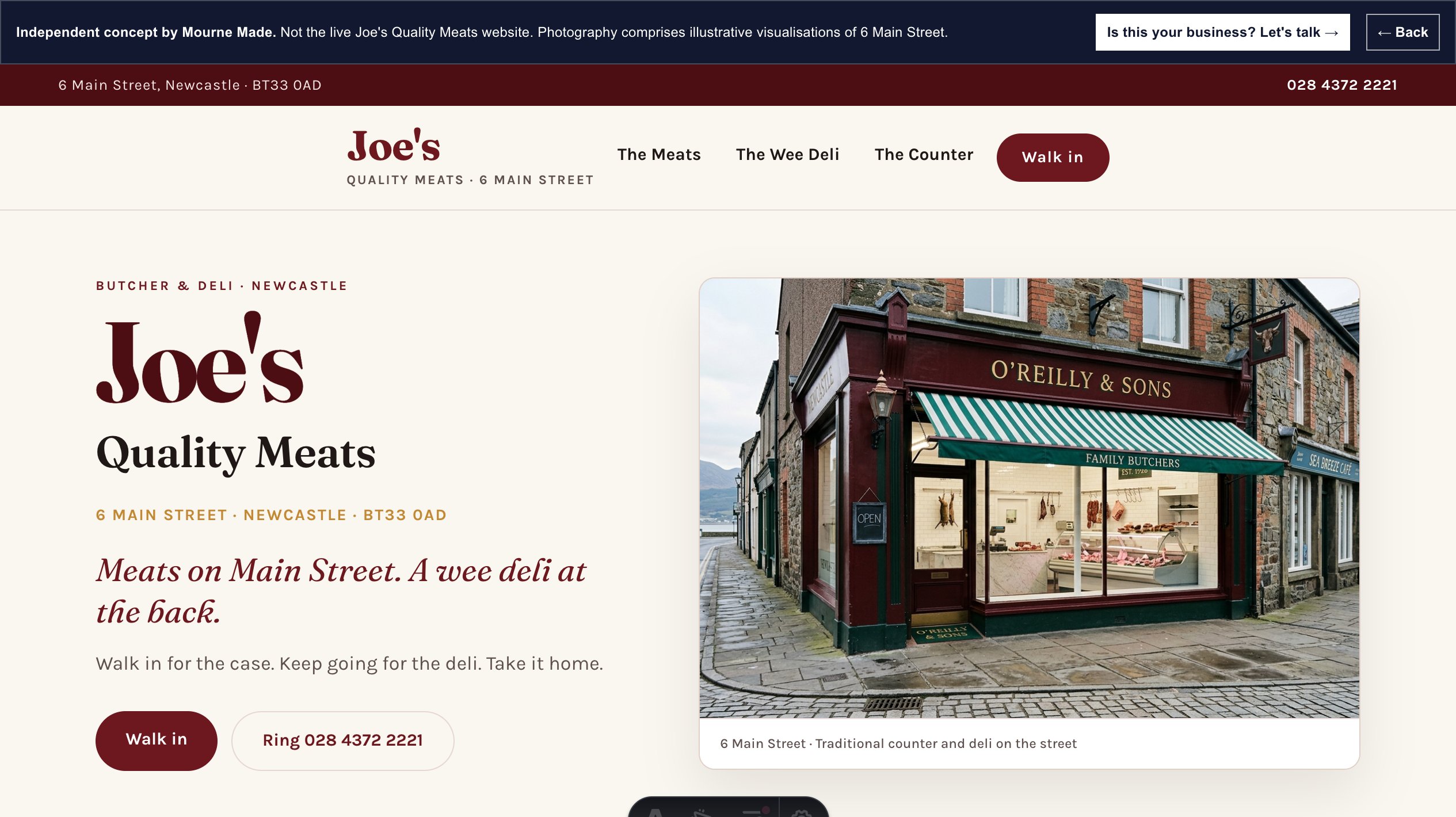 Mourne Made concept opening screen for Joe's Quality Meats, captured from the local concept route