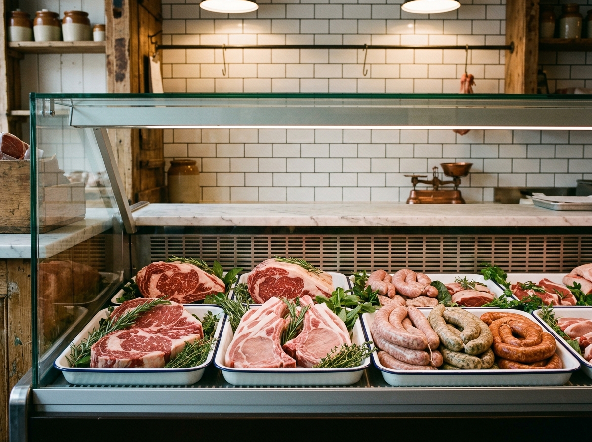 Illustrative photograph of butcher display case with fresh cuts laid on enamel trays against white metro tiles