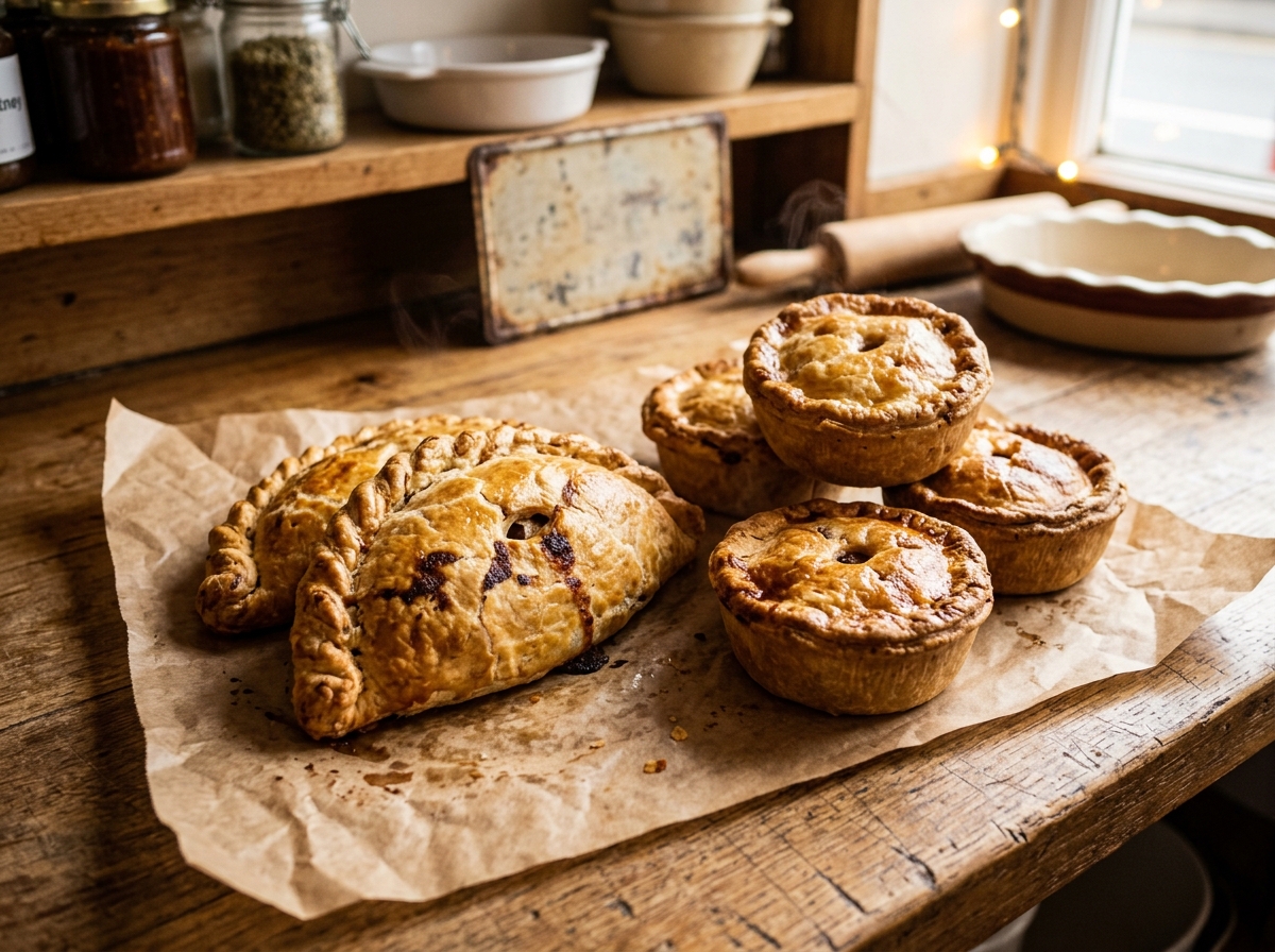 Illustrative photograph of freshly baked golden Cornish pasties and savoury pies on greaseproof paper on a timber deli counter