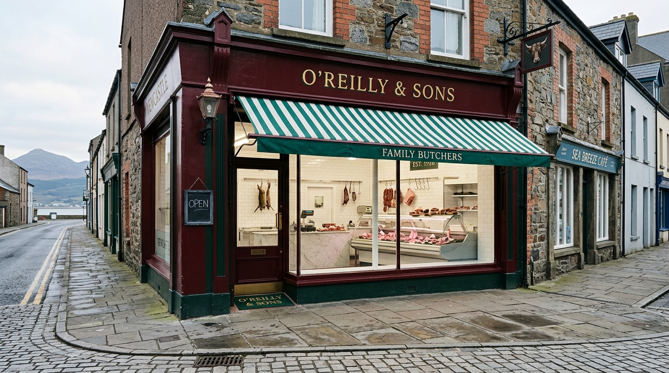 Illustrative view of a traditional butcher shopfront on Main Street in soft morning light with white-tiled interior