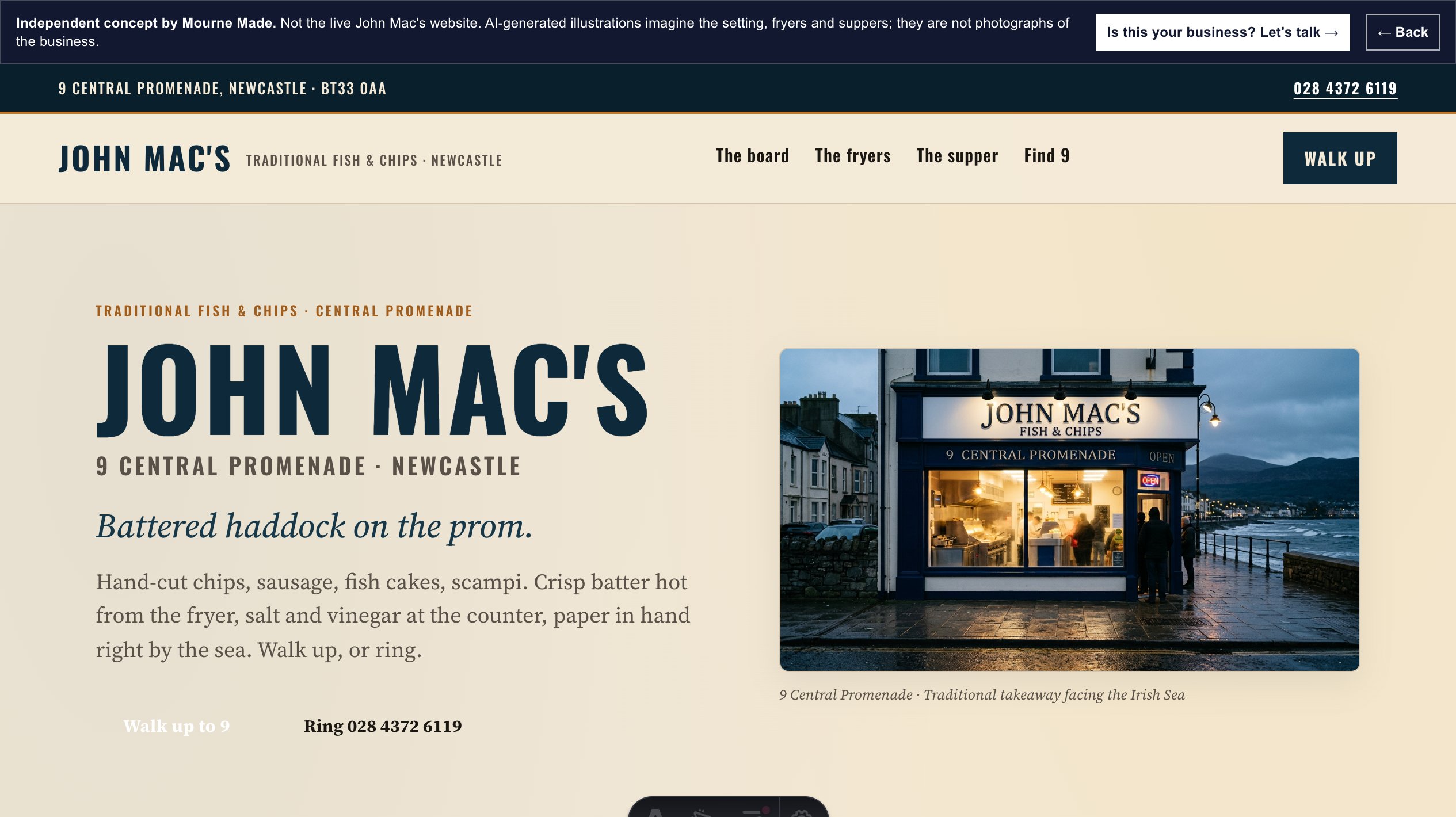 Mourne Made concept opening screen for John Mac's, captured from the local concept route