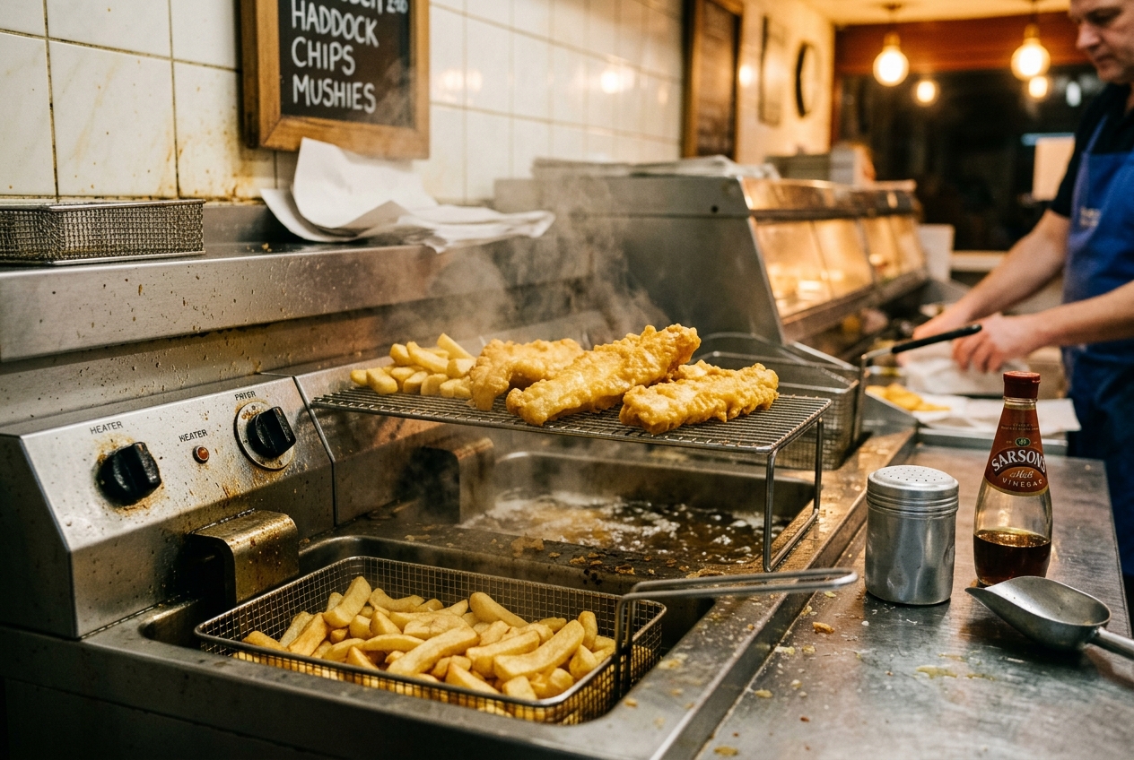 Golden battered haddock and chunky chips hot from the fryers at John Mac's