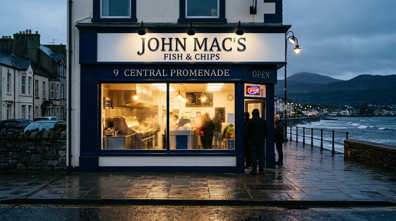 John Mac's traditional fish and chip shop frontage at 9 Central Promenade at evening dusk