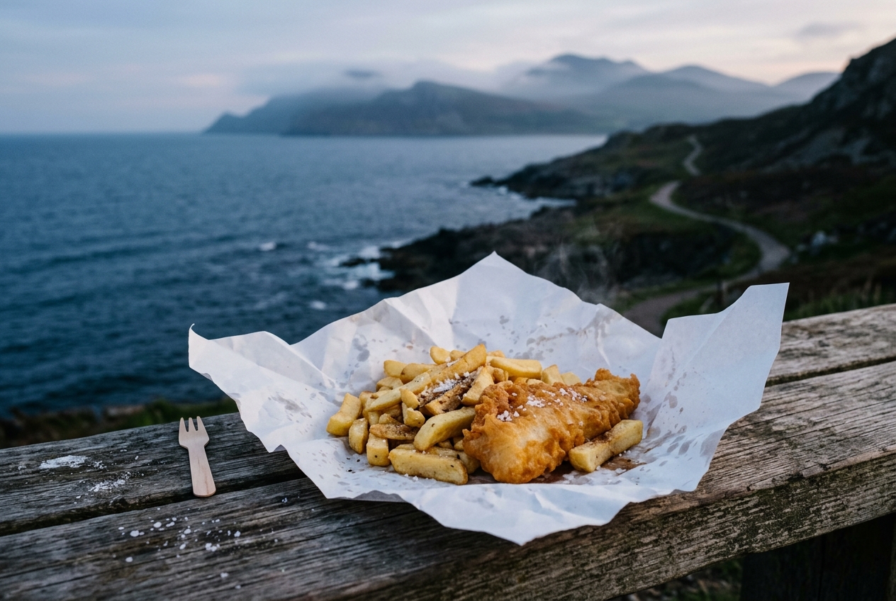 Steaming fish and chips wrapped in white paper on a wooden sea wall bench overlooking Newcastle bay