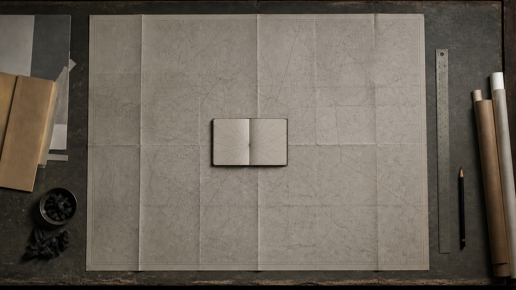 AI-generated paper-model scene of the register open as fine routes spread across a folded county map