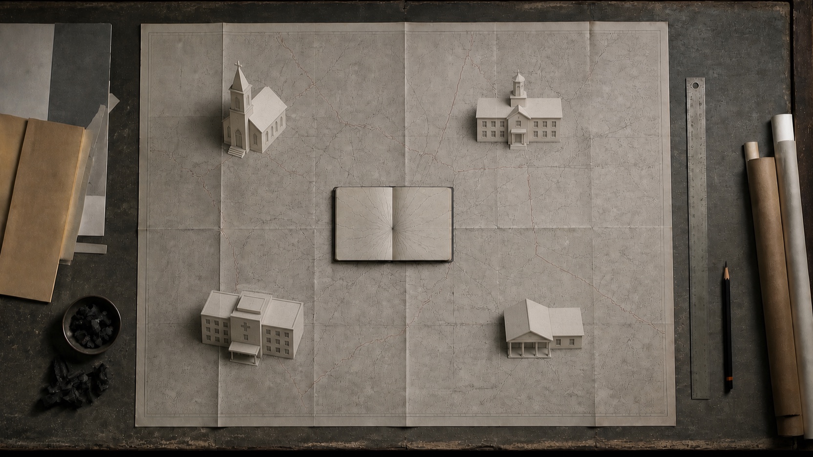 AI-generated paper-model scene of paper models of civic buildings rising from the mapped locations