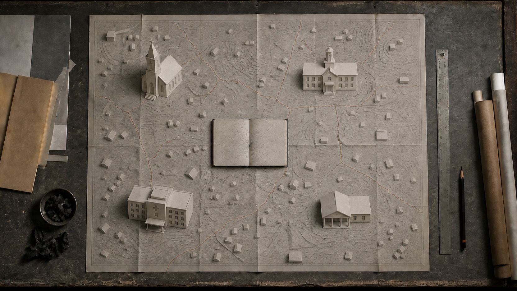 AI-generated paper-model scene of the small register at the centre of a substantial paper-built landscape