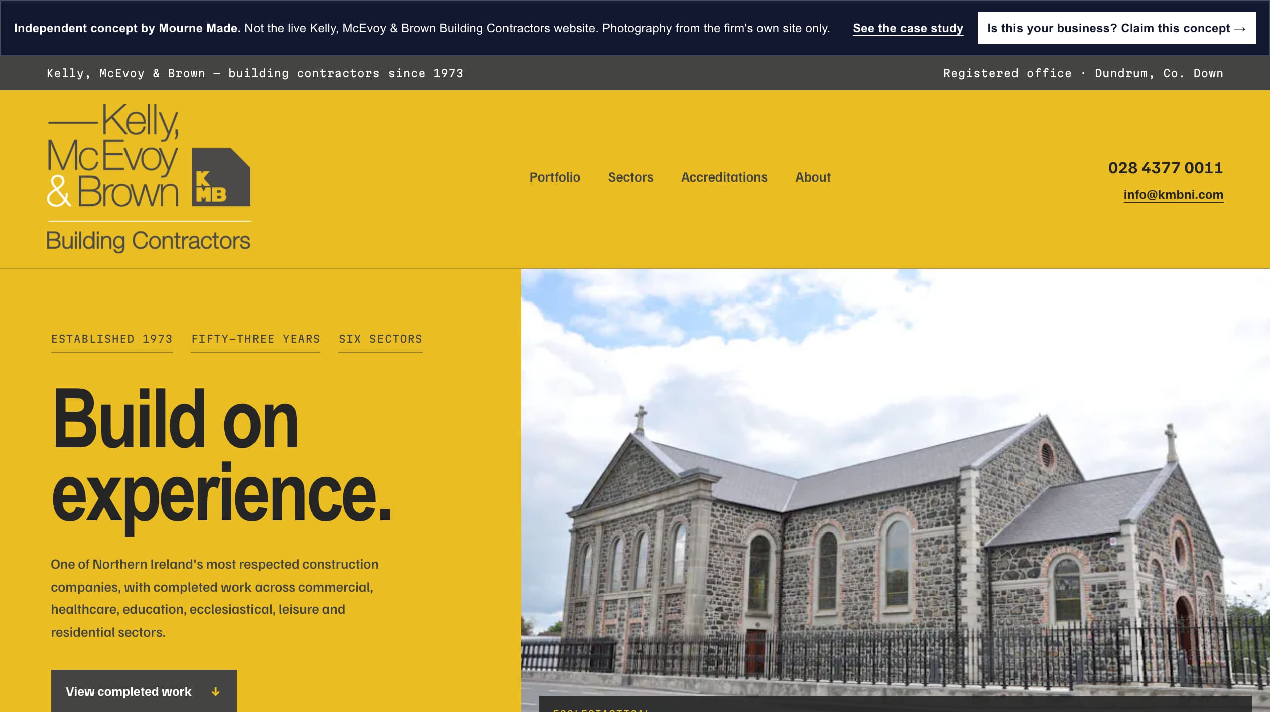 Mourne Made concept carrying Kelly, McEvoy & Brown's yellow-and-grey identity and project photography into a filterable register of named work