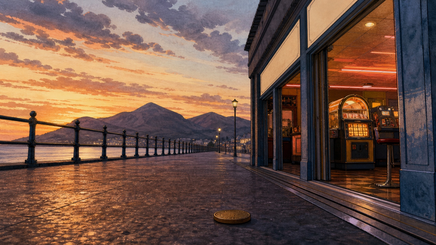 AI-generated illustrated scene of a promenade arcade threshold with a jukebox and one coin in the foreground