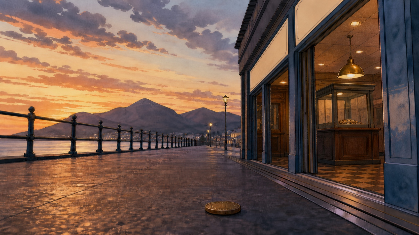 AI-generated illustrated scene of the same threshold and coin beside a later change booth