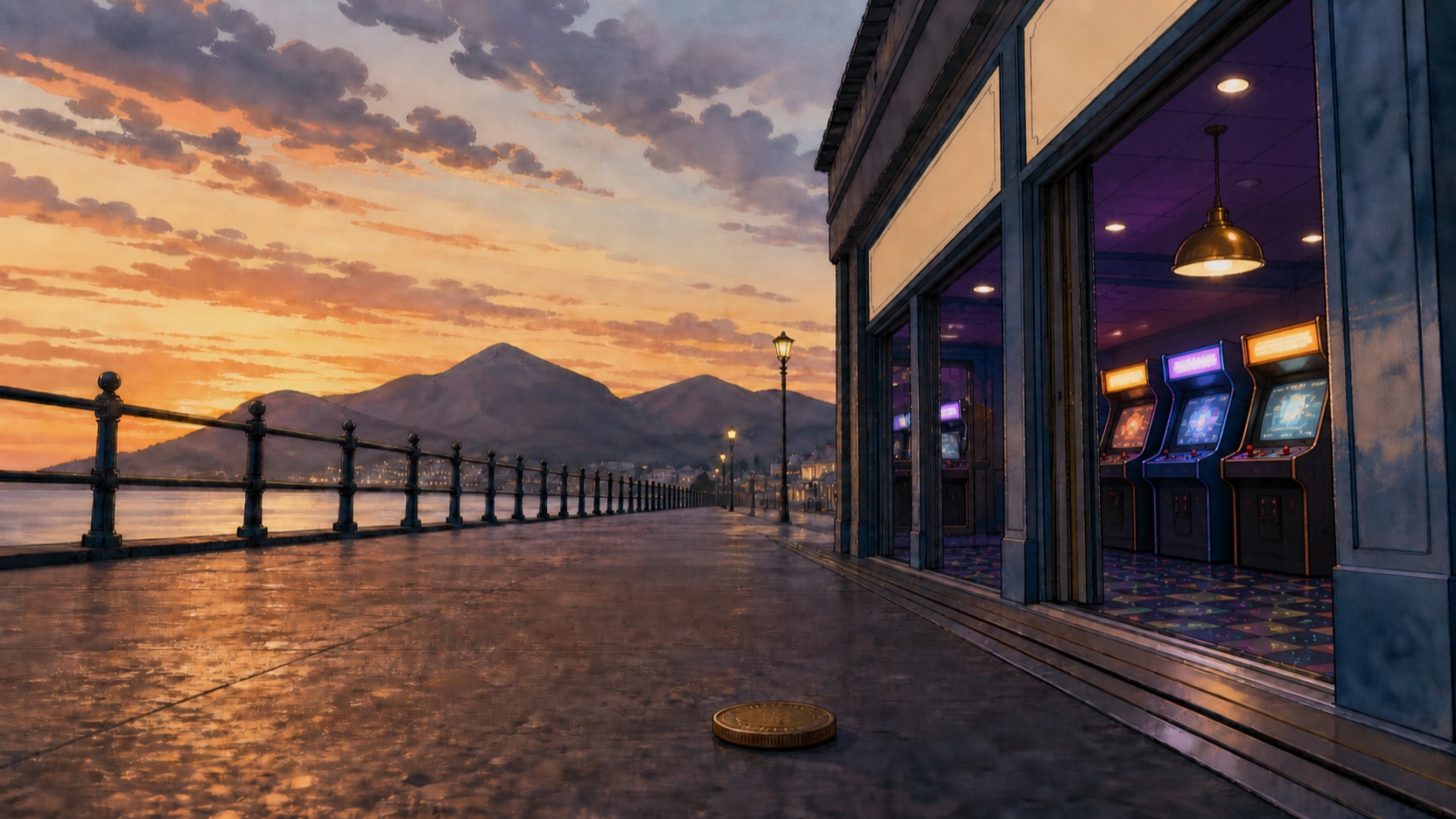 AI-generated illustrated scene of the same threshold lit by 1990s-style arcade cabinets
