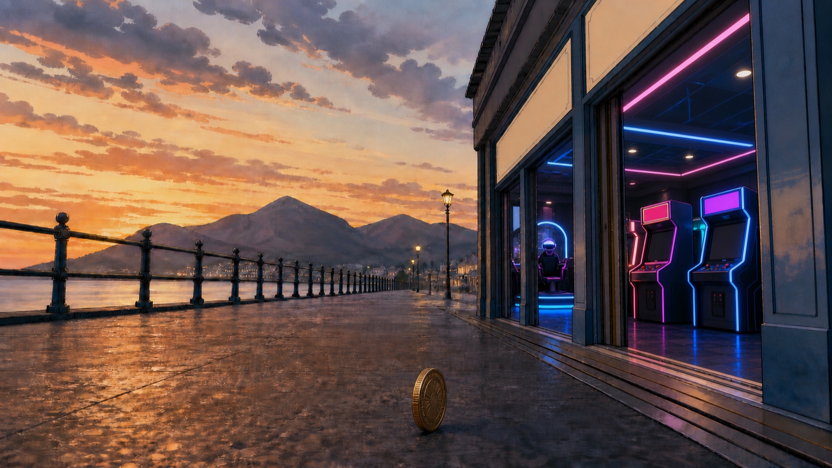 AI-generated illustrated scene of the same modern threshold with a compact virtual-reality area and the coin upright