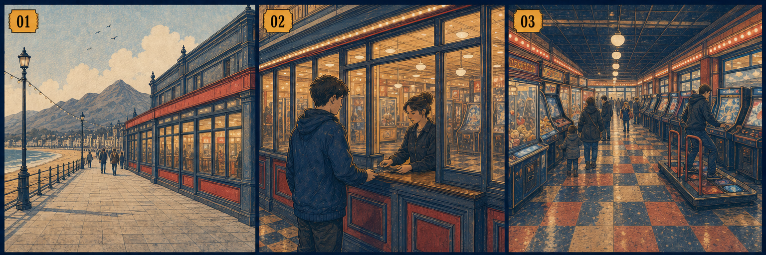 AI-generated comic strip of the first half of a seaside-arcade afternoon: the promenade, the change, and the machine floor; indicative journey, not a survey