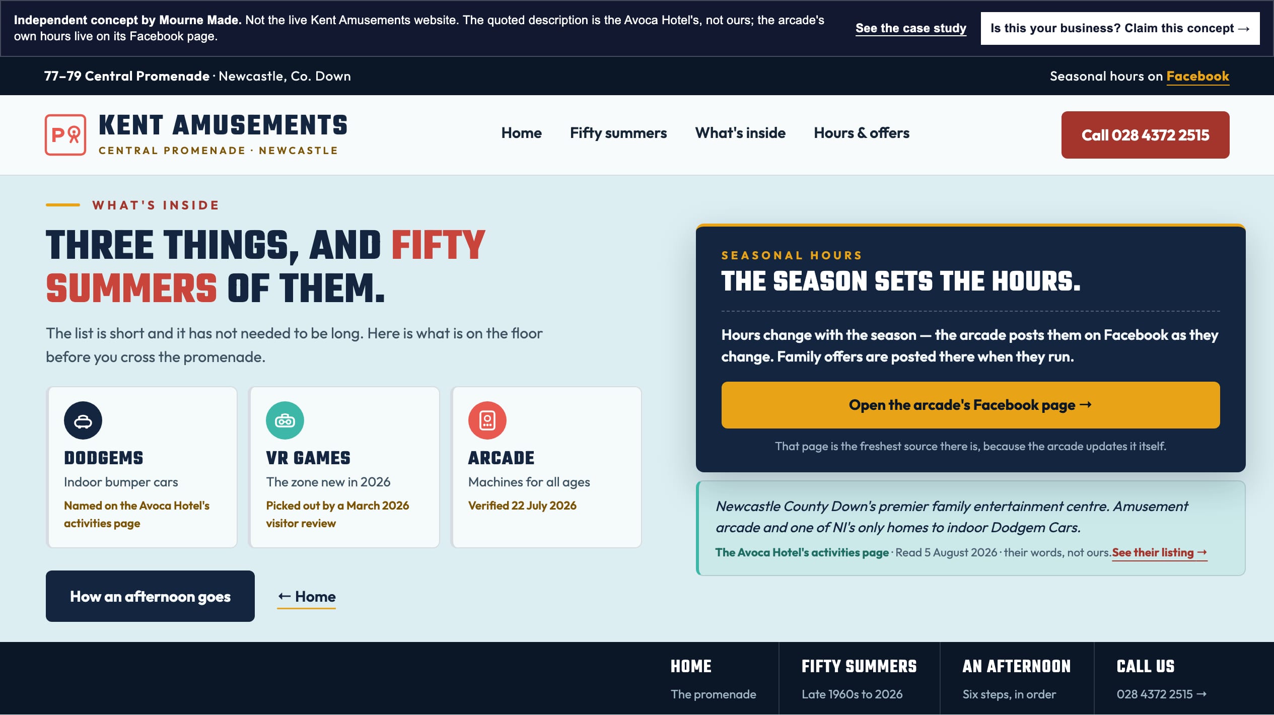 Kent Amusements attractions concept: three attraction cards — dodgems, VR games and arcade — each with the source it is verified from, beside a seasonal-hours panel and the Avoca Hotel's attributed description