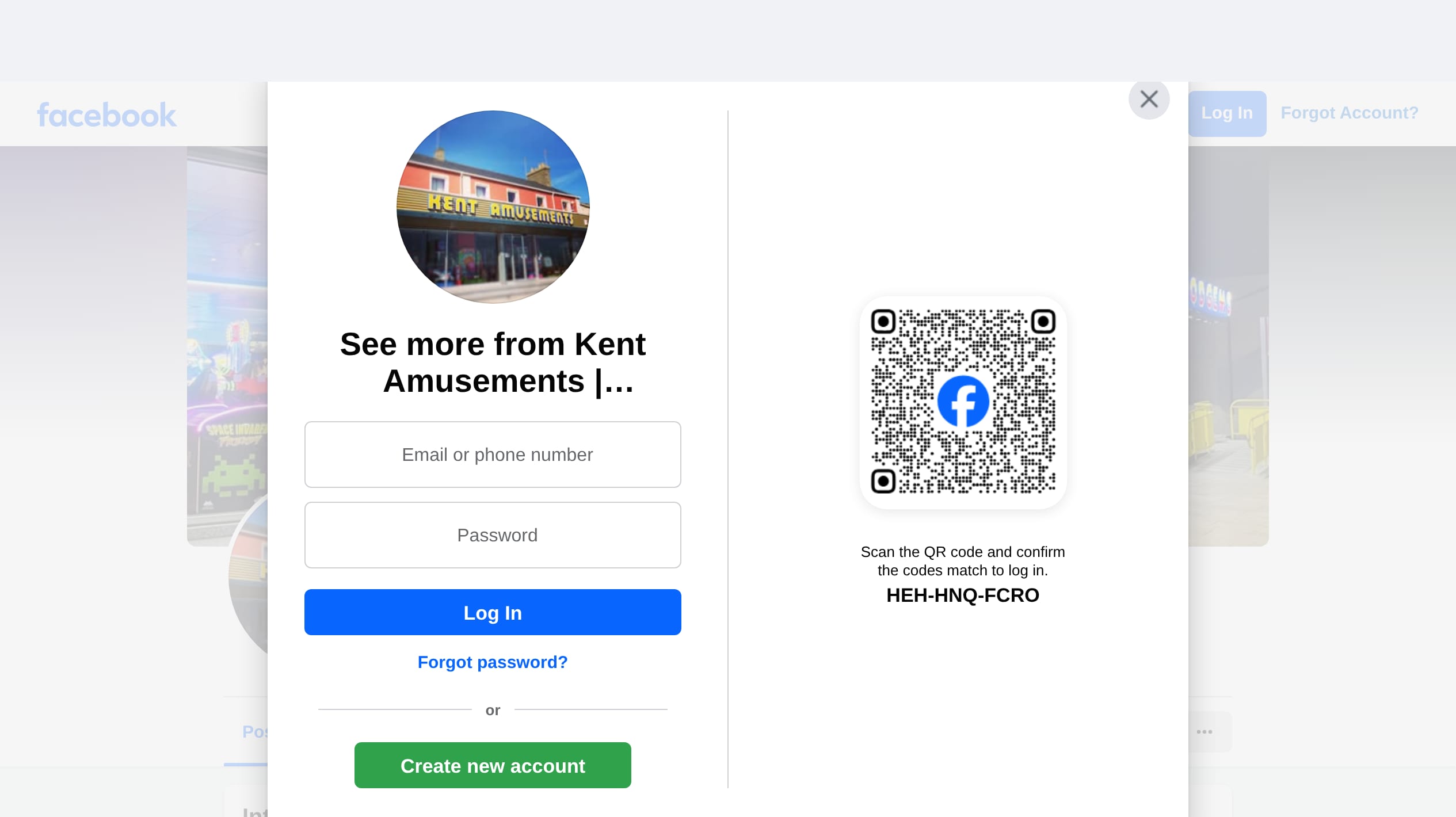 Kent Amusements' current public presence: its Facebook page covered by Meta's cookie consent dialog and login form, with the arcade's introduction greyed out behind them