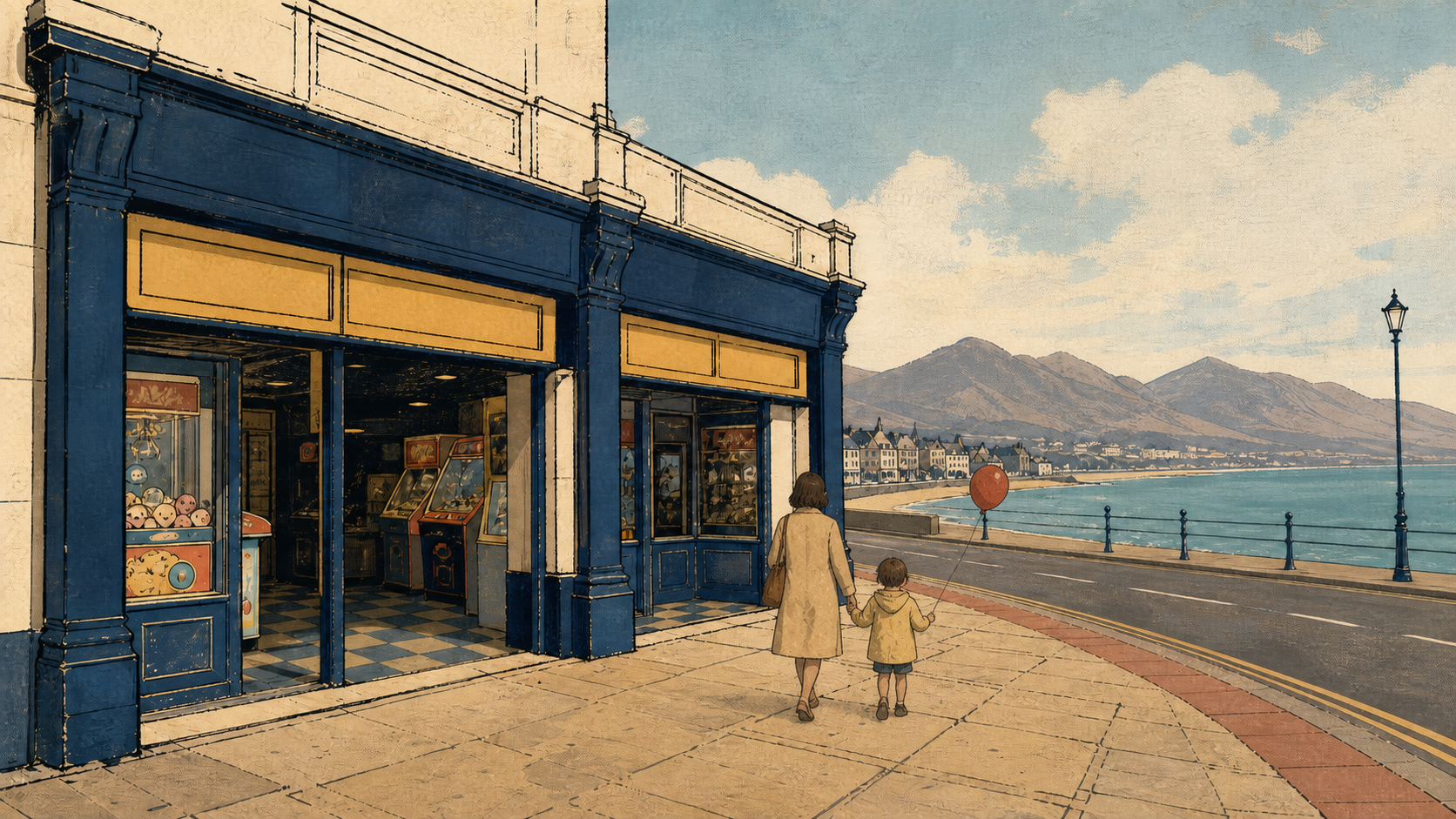 An adult and child walking toward a seafront arcade, with Newcastle, the sea and the Mournes beyond