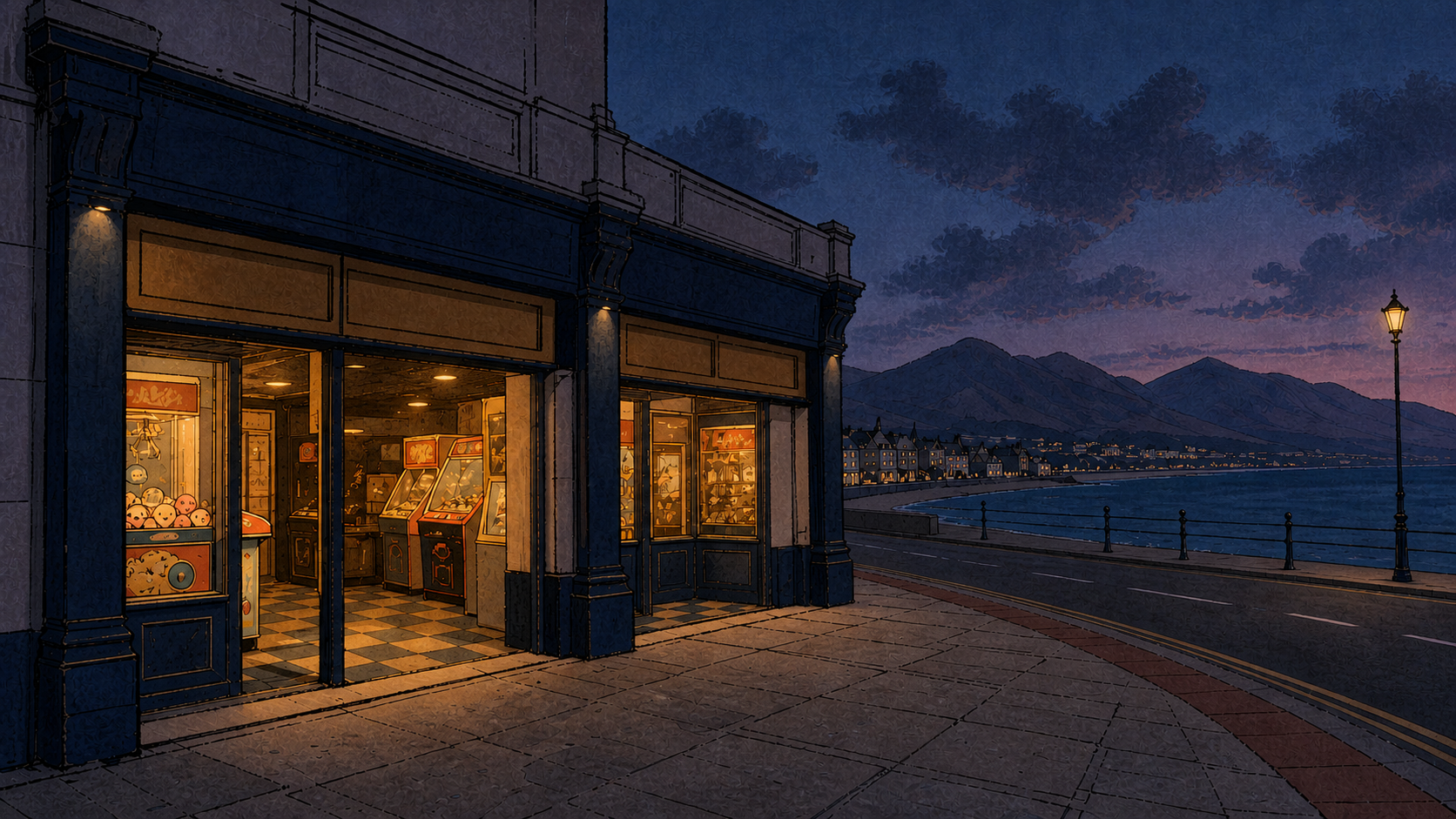 AI-generated illustrative plate of the same Newcastle promenade frontage with warm arcade light, the sea across the road and the Mourne Mountains behind the town; indicative, not a survey