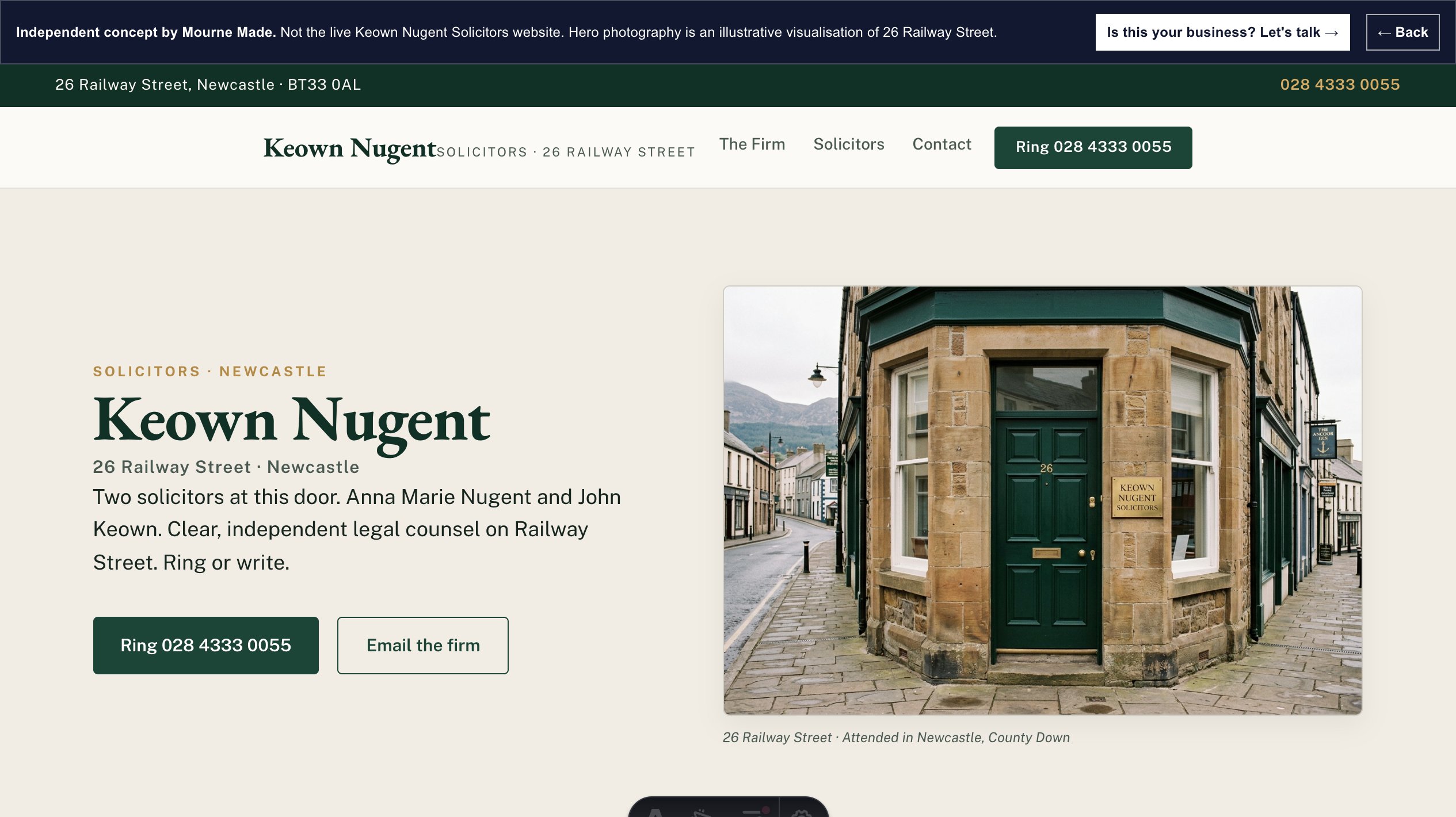 Mourne Made concept opening screen for Keown Nugent Solicitors, captured from the local concept route