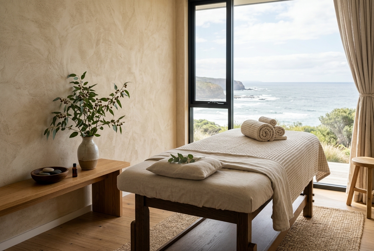An empty treatment room with folded towels and a plant in soft daylight