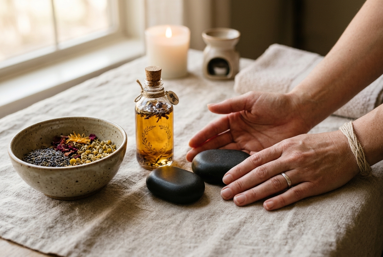Therapist hands resting gently beside warm massage stones and botanical oils on natural linen
