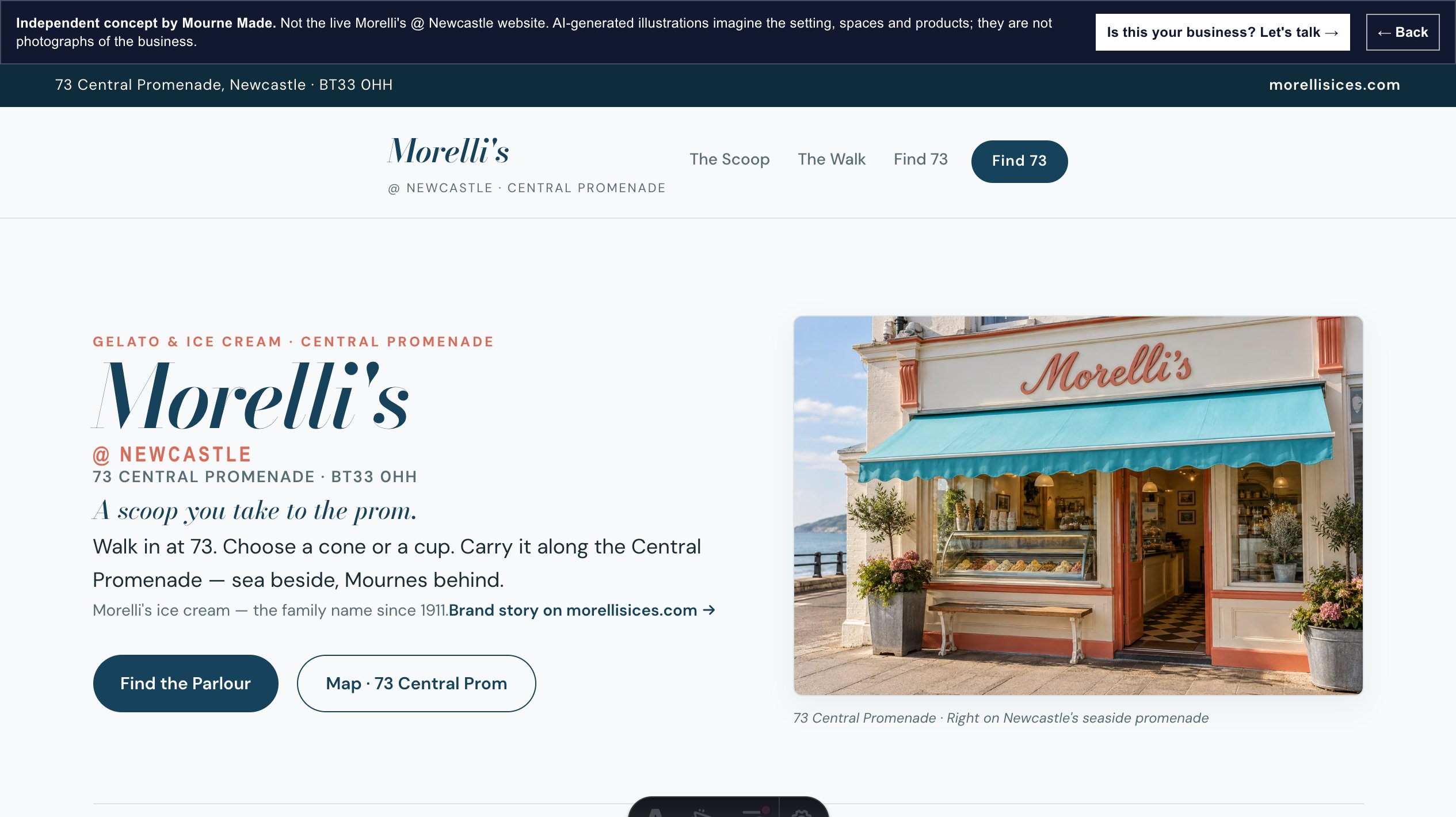 Mourne Made concept opening screen for Morelli's @ Newcastle, captured from the local concept route