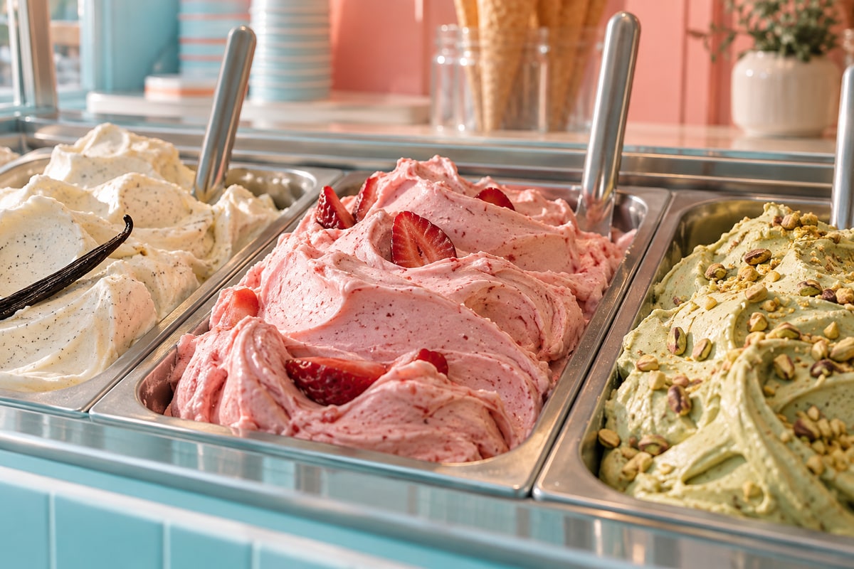Fresh artisan gelato tubs behind the counter at 73 Central Promenade
