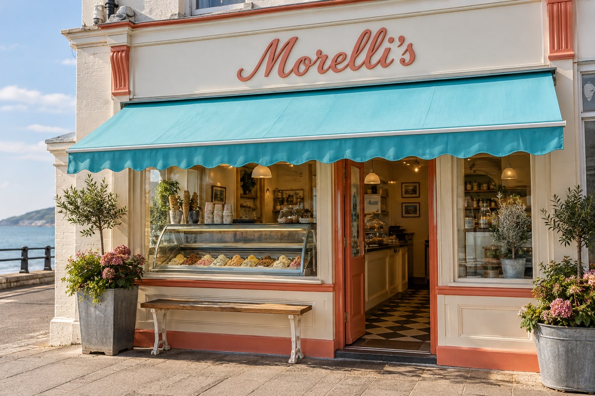 Morelli's ice cream parlour awning at 73 Central Promenade on the Newcastle seafront