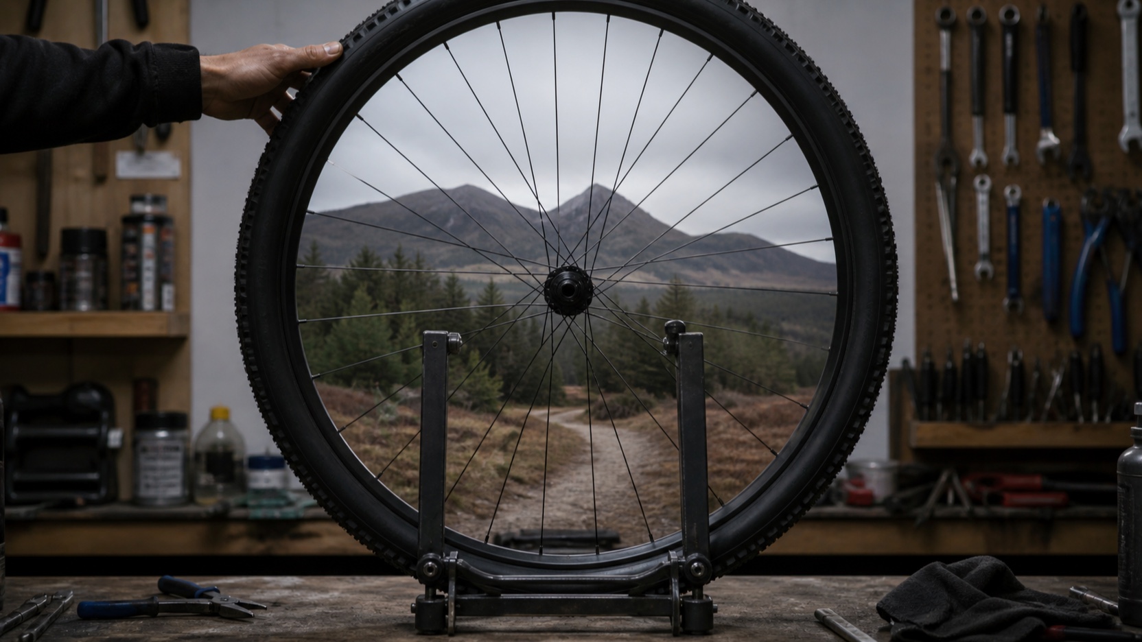 AI-generated bicycle wheel in a truing stand with a Mourne trail visible through the spokes