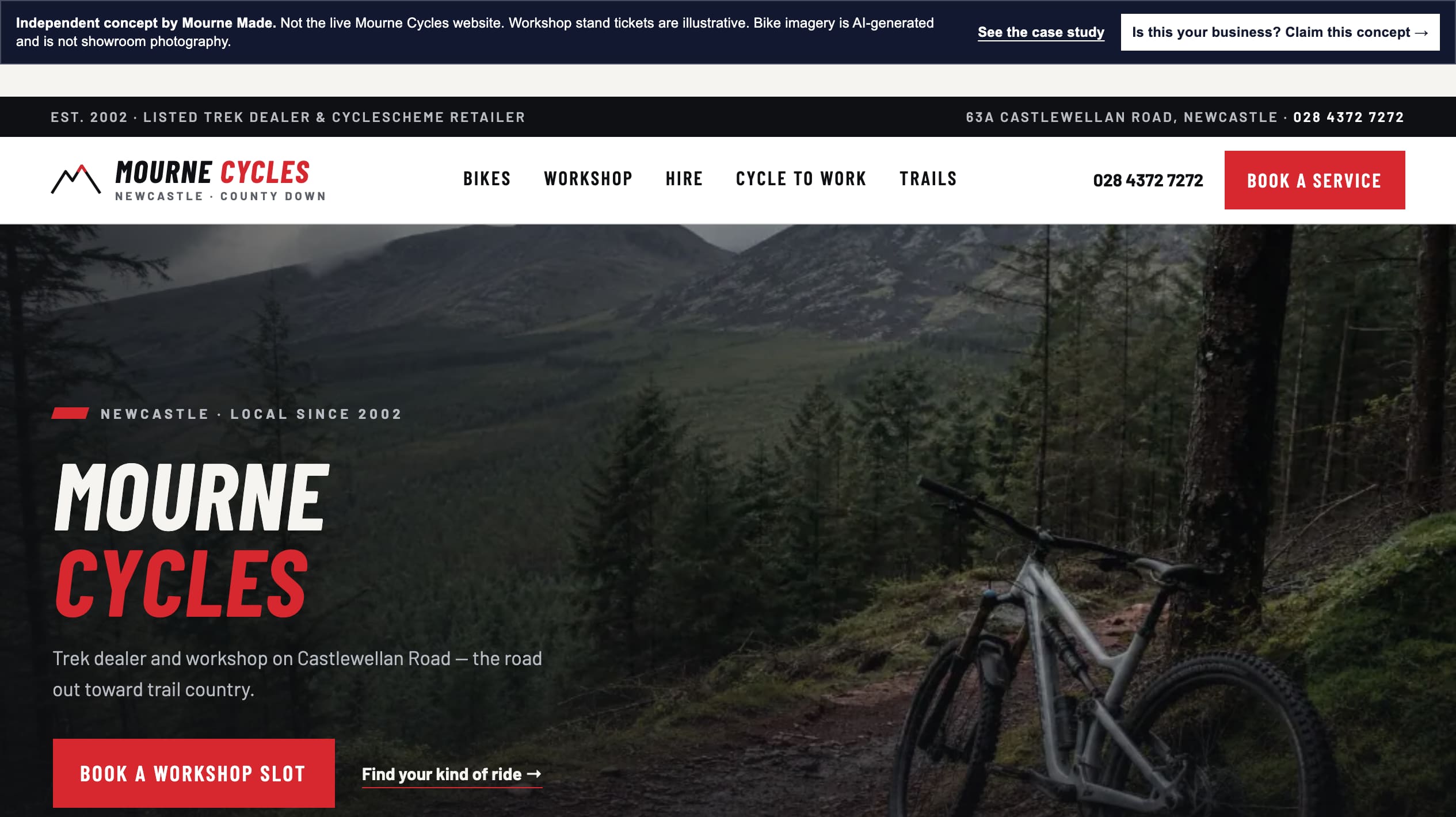 Mourne Made concept opening on the shop's own black and red identity, the kinetic Mourne Cycles wordmark riding in over a generated trail plate, and a terrain-mapped range rail with a Cycle to Work option