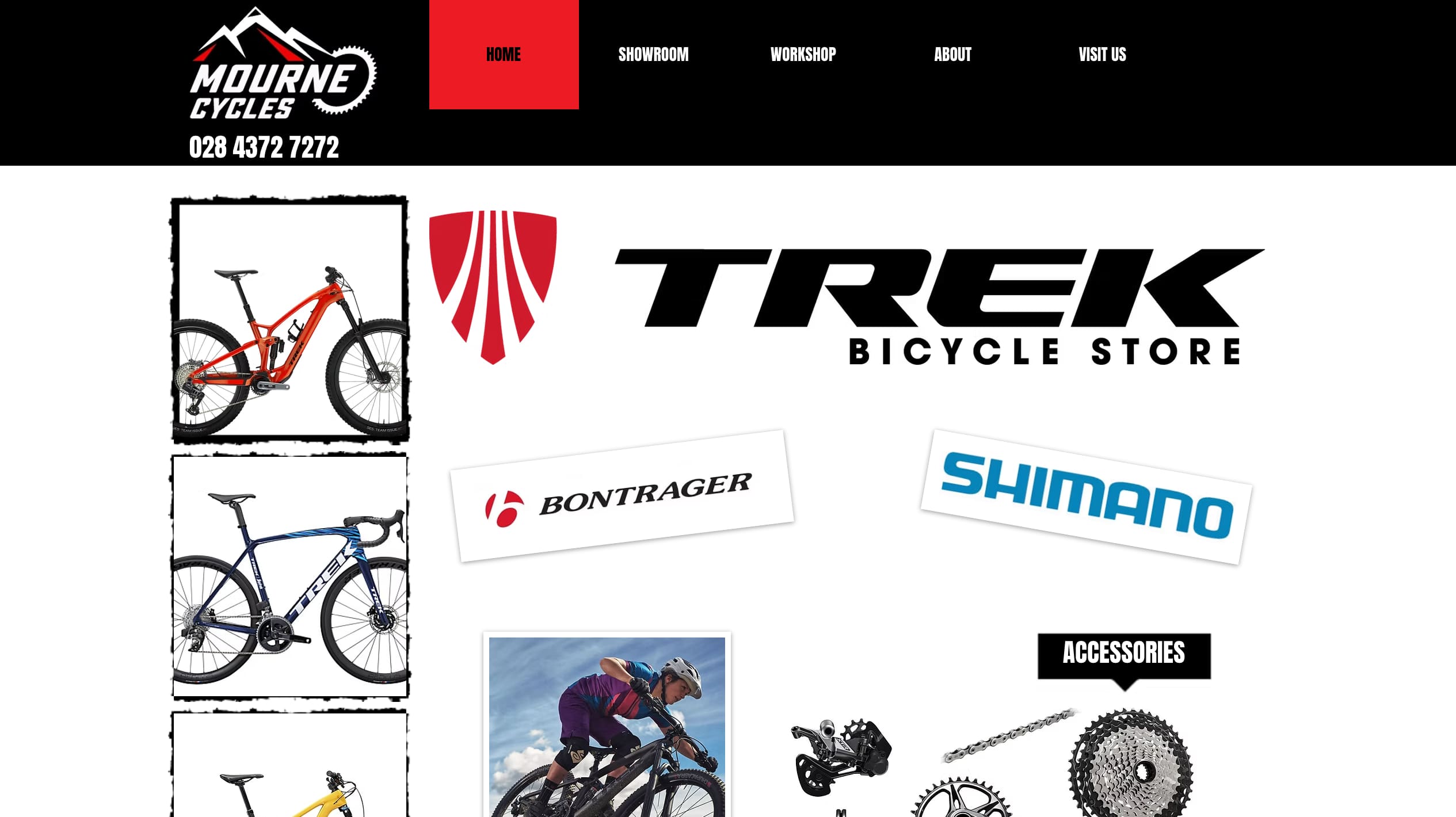 Mourne Cycles' current homepage: a black header with the shop logo and phone number above a collage of Trek, Bontrager and Shimano logos and cut-out bike photographs
