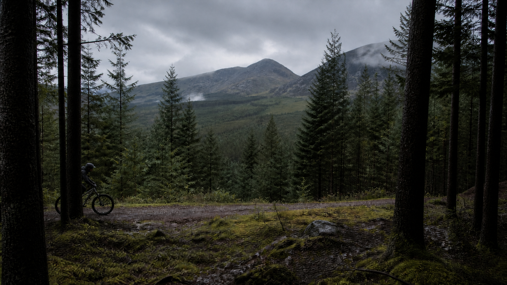 A mountain-bike rider crossing a forest trail with the Mournes ahead