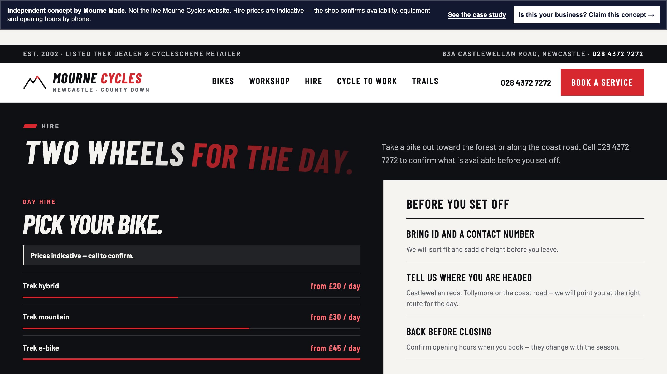 The Mourne Cycles hire concept page: day hire rates for hybrid, mountain and e-bike under an explicit indicative-prices label, with a before-you-set-off checklist
