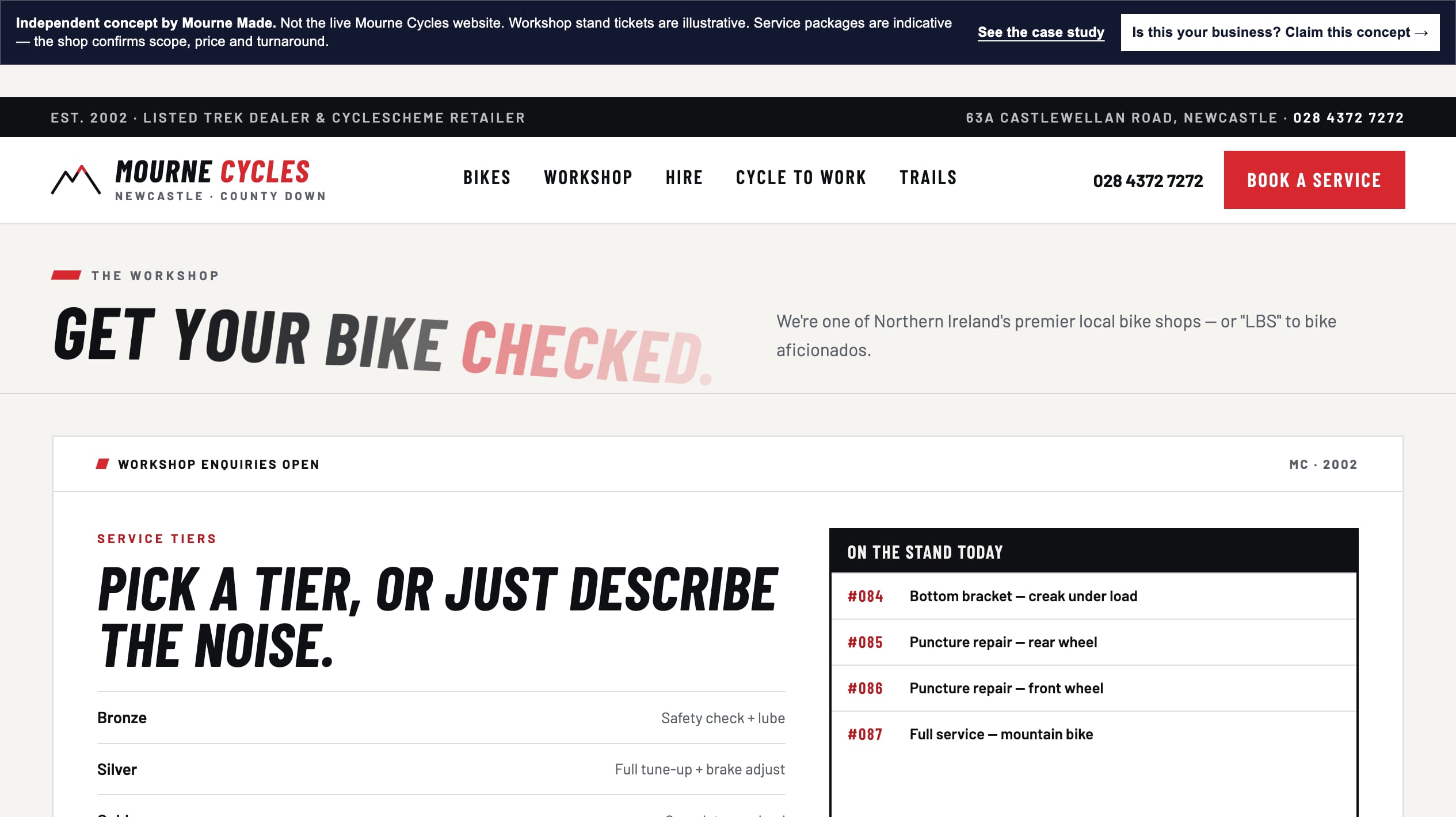 The Mourne Cycles workshop concept page: service tiers beside the day's stand tickets — a bottom bracket creak, two puncture repairs and a full mountain-bike service — under the Get your bike checked heading