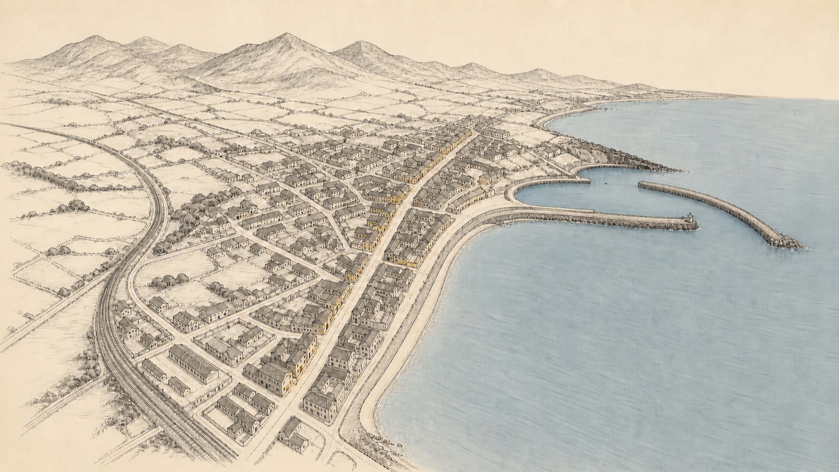 AI-generated indicative map illustration of the same map as warm lights appear along Main Street and the promenade