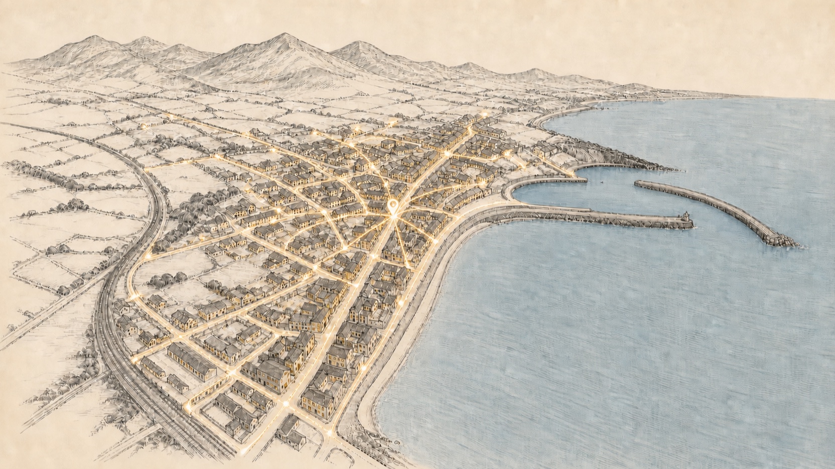 AI-generated indicative map illustration of the lit town map resolving into one connected directory pin